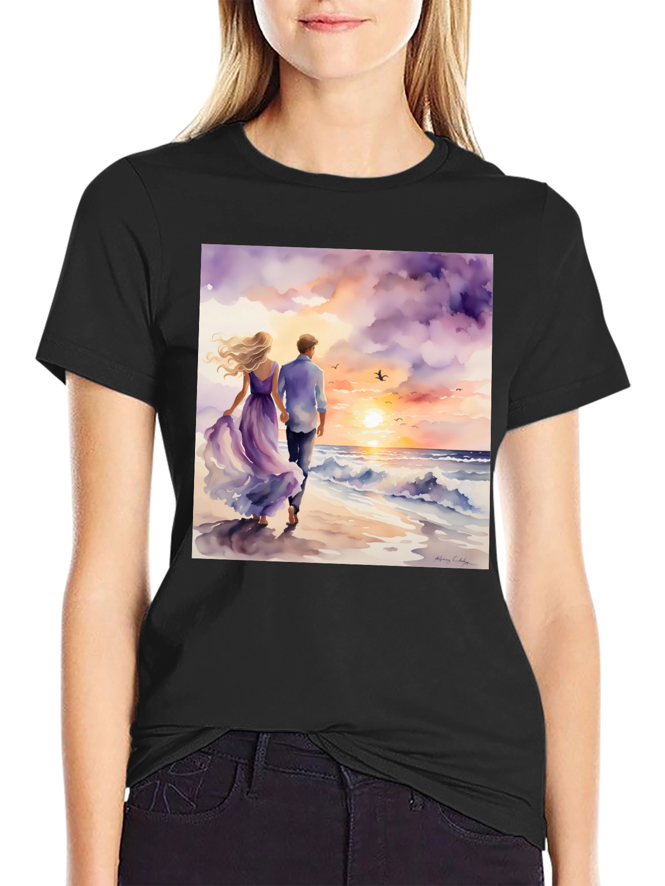 Black Romantic Sunset Couple T-Shirt view 2