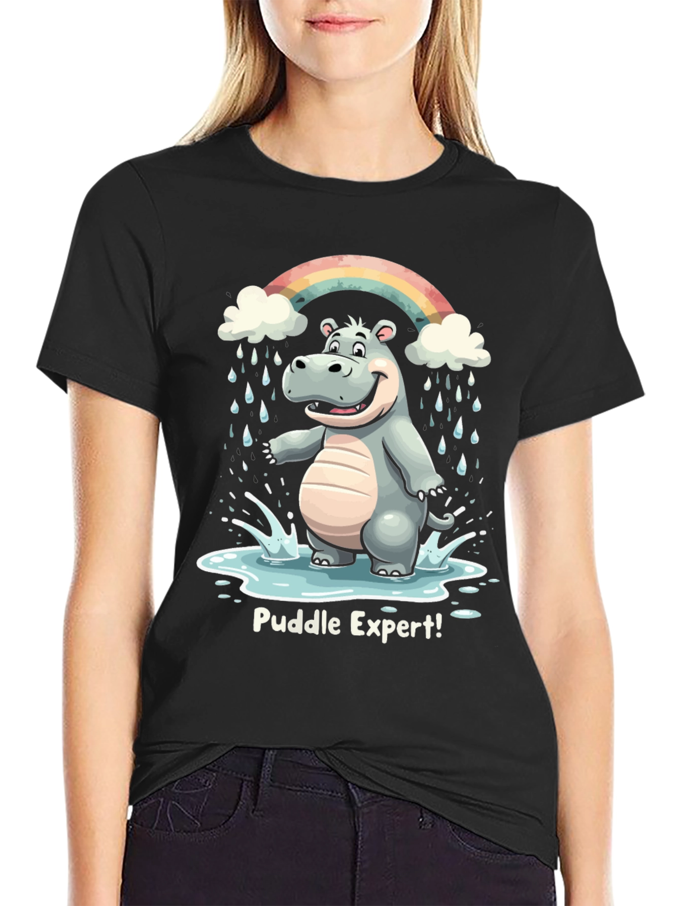 Black Puddle Expert Hippo T-Shirt - Funny Animal Tee view 2