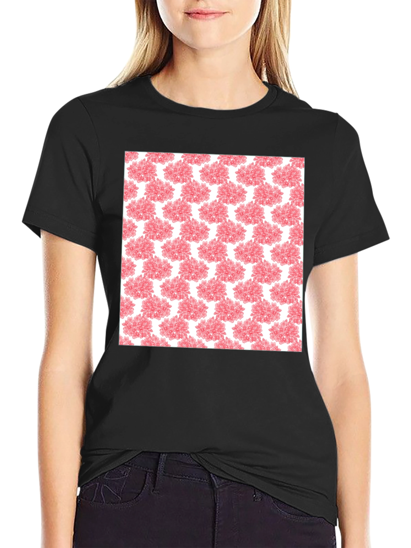 Black Floral Pattern Black T-Shirt view 2