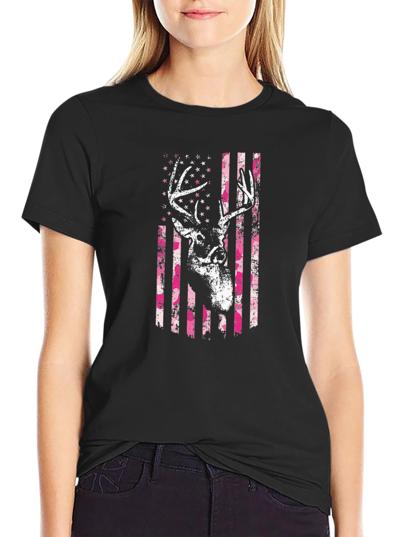 Black Deer American Flag Graphic T-Shirt view 2