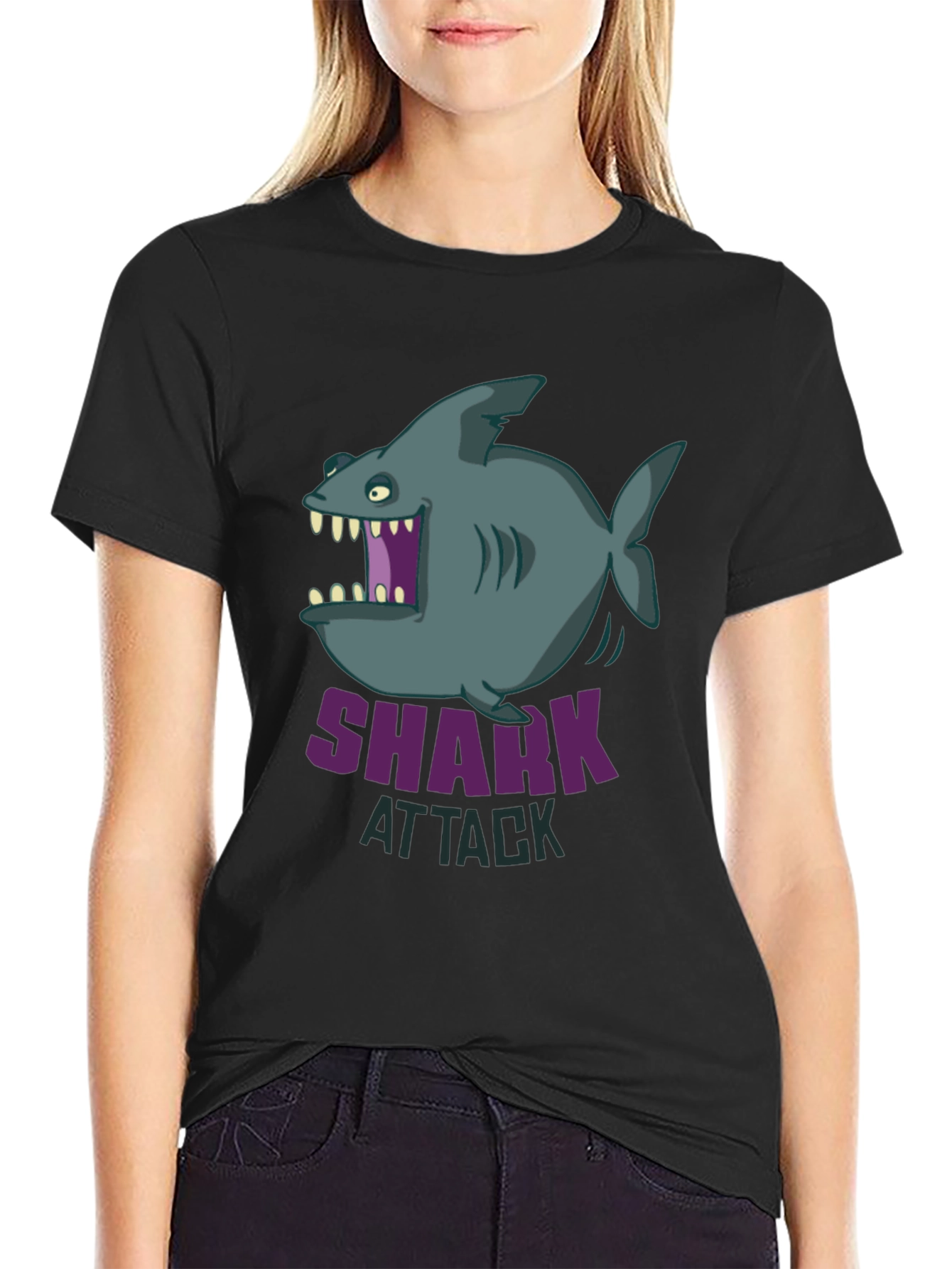 Black Shark Attack Graphic T-Shirt - Cartoon Design view 2