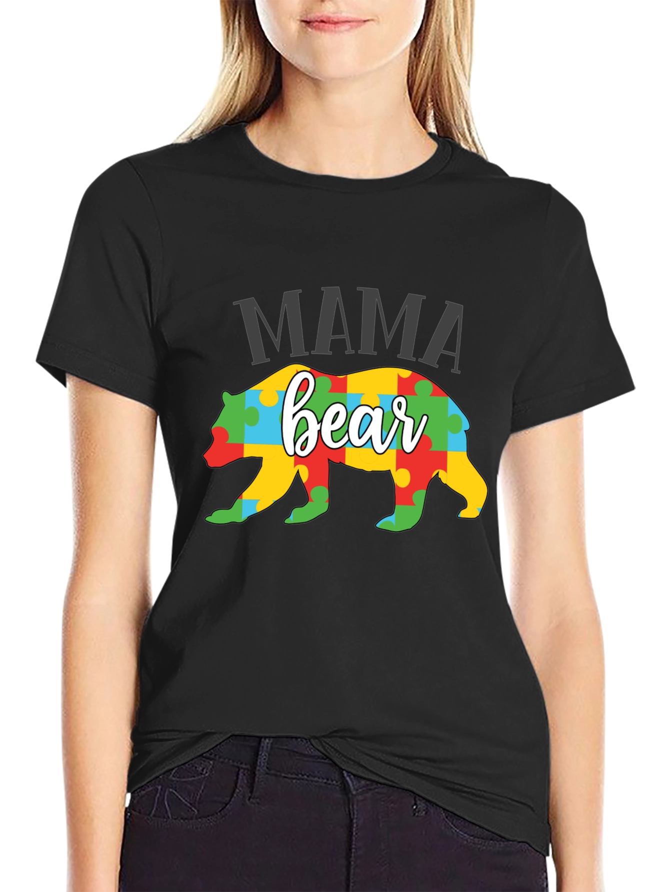 Black Mama Bear Puzzle Piece Autism Awareness T-Shirt view 2