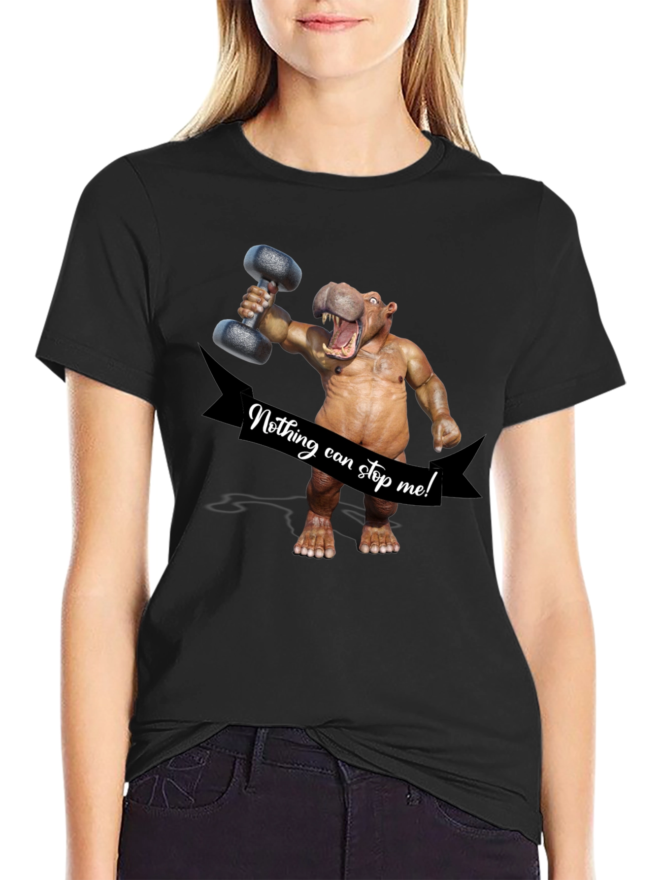 Black Hippo Lifting Dumbbell T-Shirt - Nothing Can Stop Me! view 2