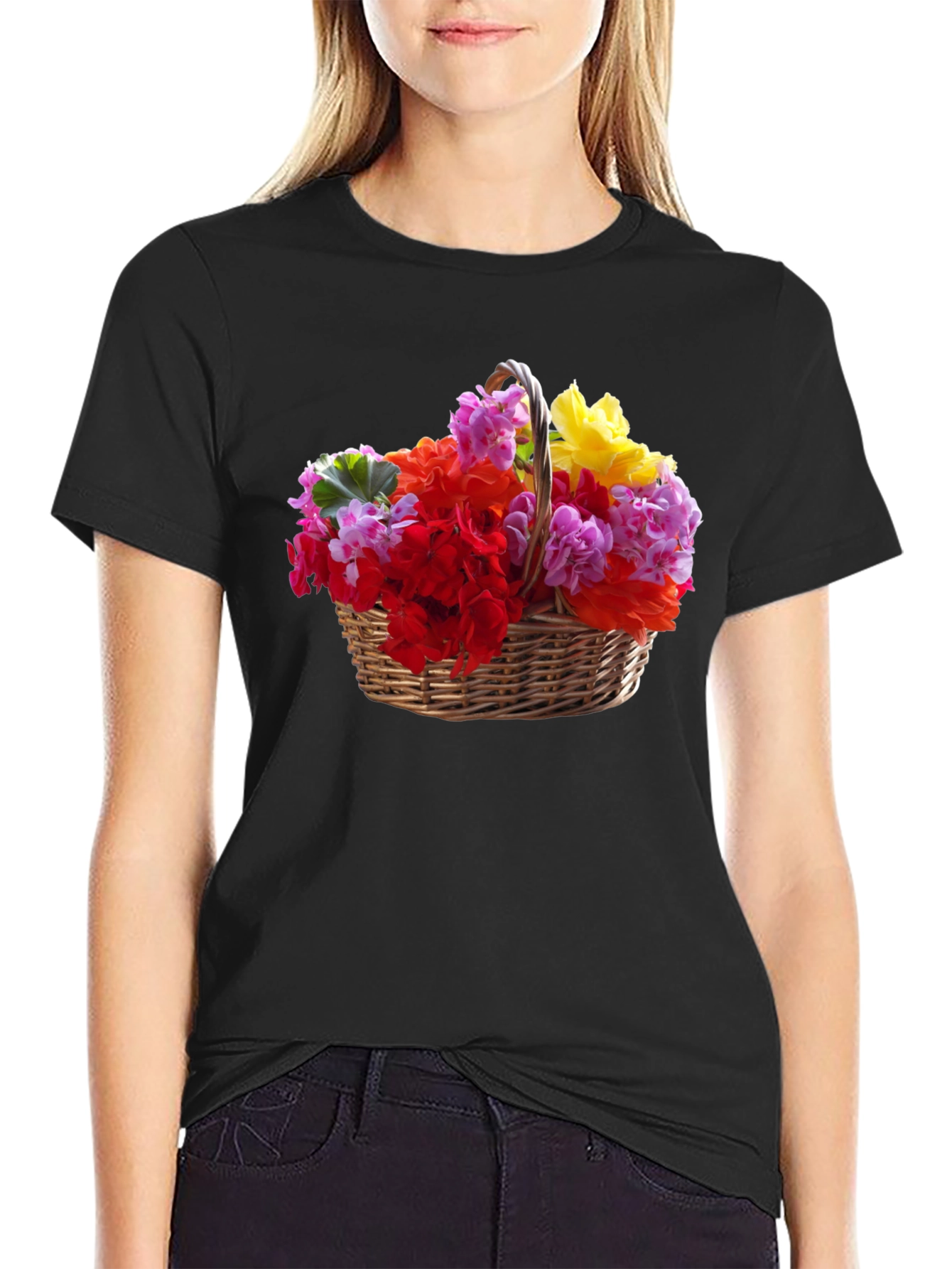 Black Floral Basket Graphic Tee - Mens Casual Short Sleeve T-Shirt view 2