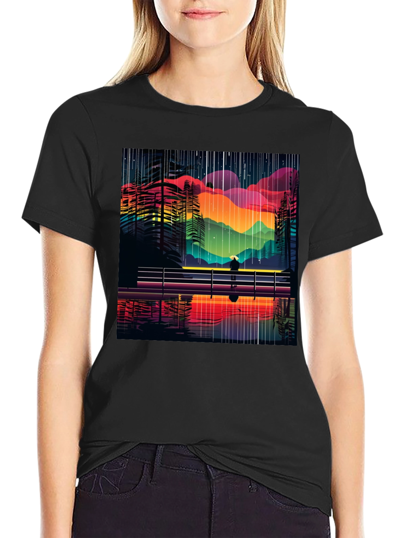 Black Vibrant Abstract Landscape Tee - Stylish Graphic T-Shirt view 2