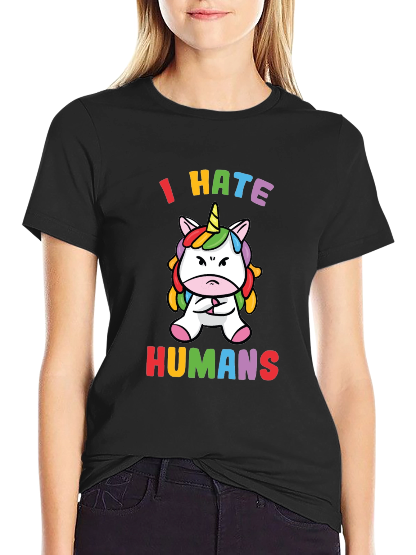 Black I Hate Humans T-Shirt - Grumpy Unicorn Tee view 2