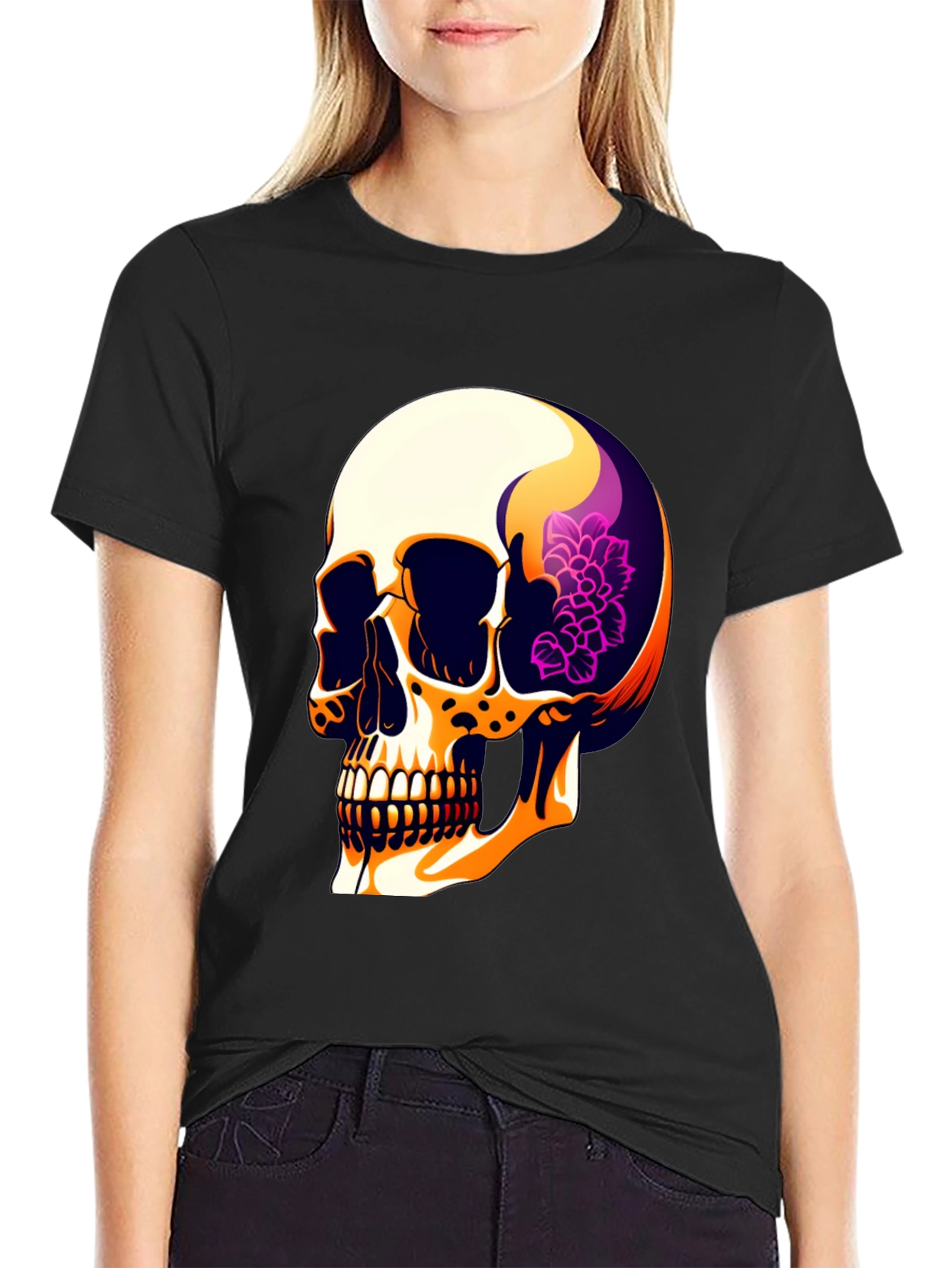 Black Skull & Floral Graphic Print Men's T-Shirt view 2