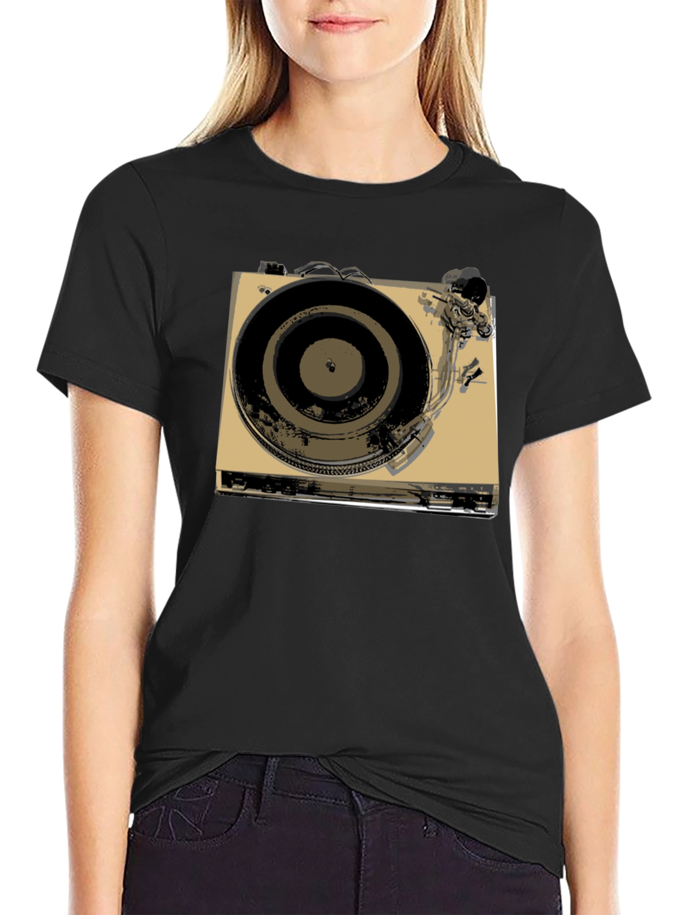 Black Vintage Turntable Graphic Tee - Retro DJ Style view 2