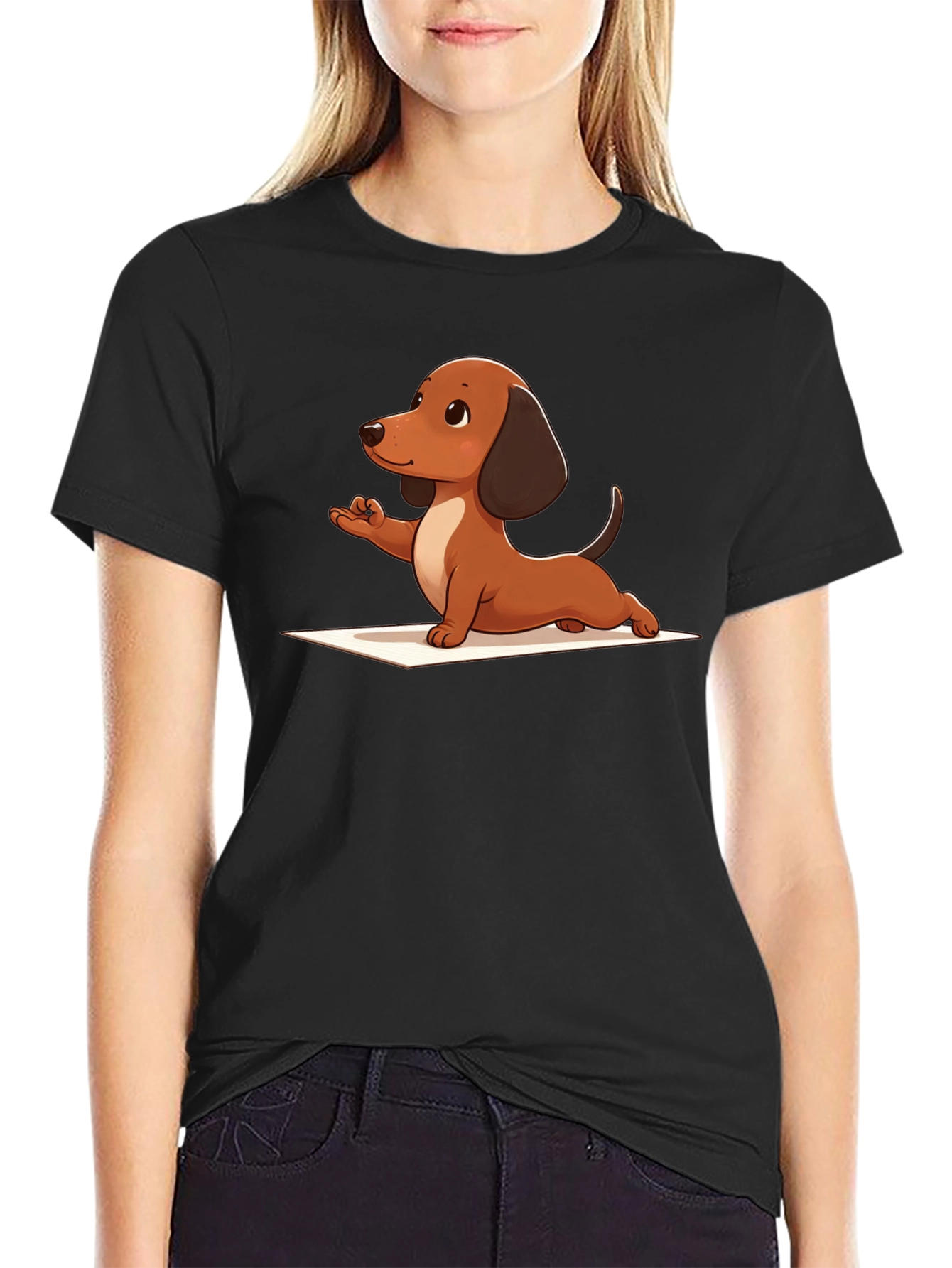 Black Yoga Dachshund Black T-Shirt view 2