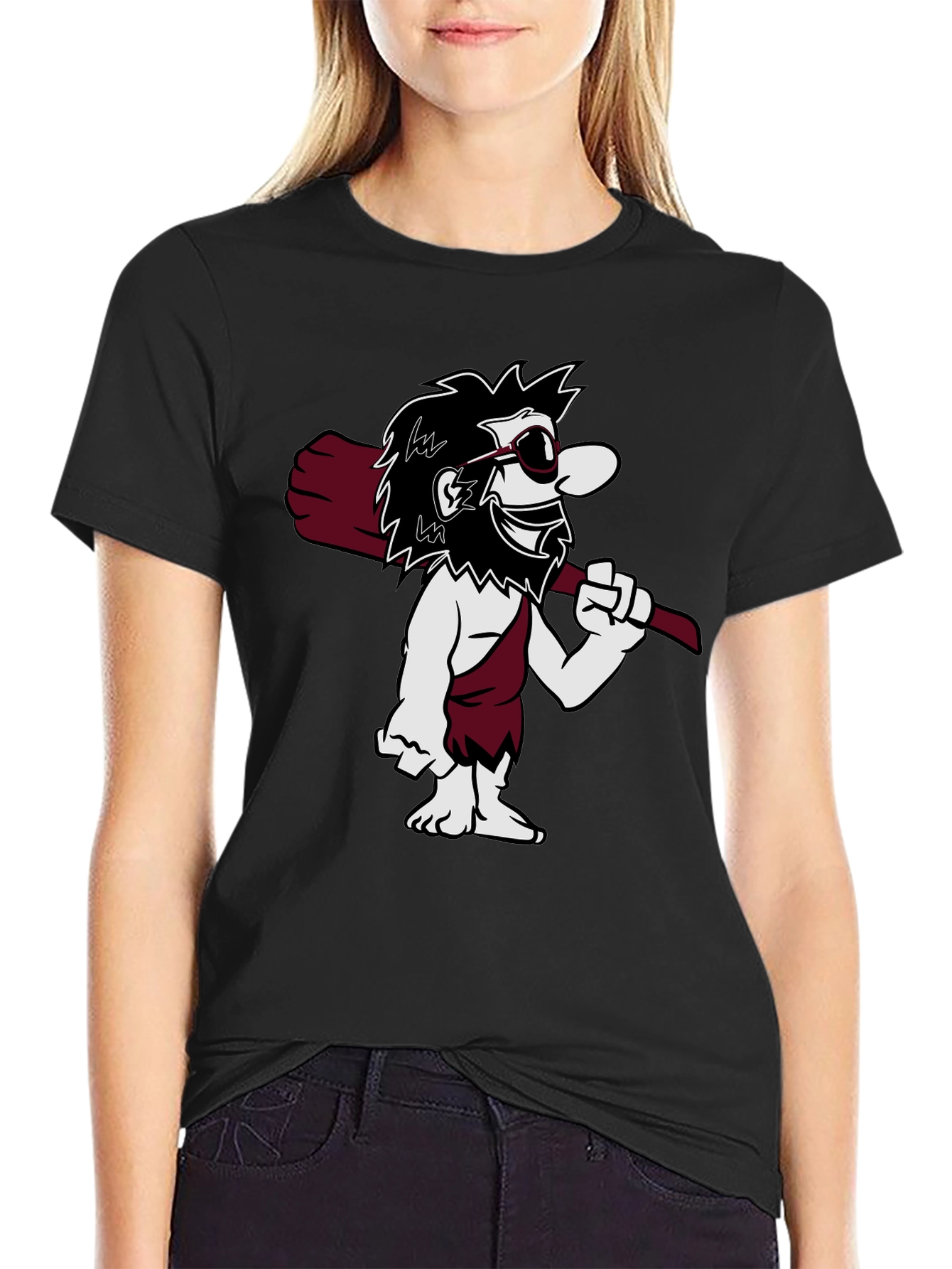 Black Cool Caveman Cartoon Graphic Tee - Black view 2