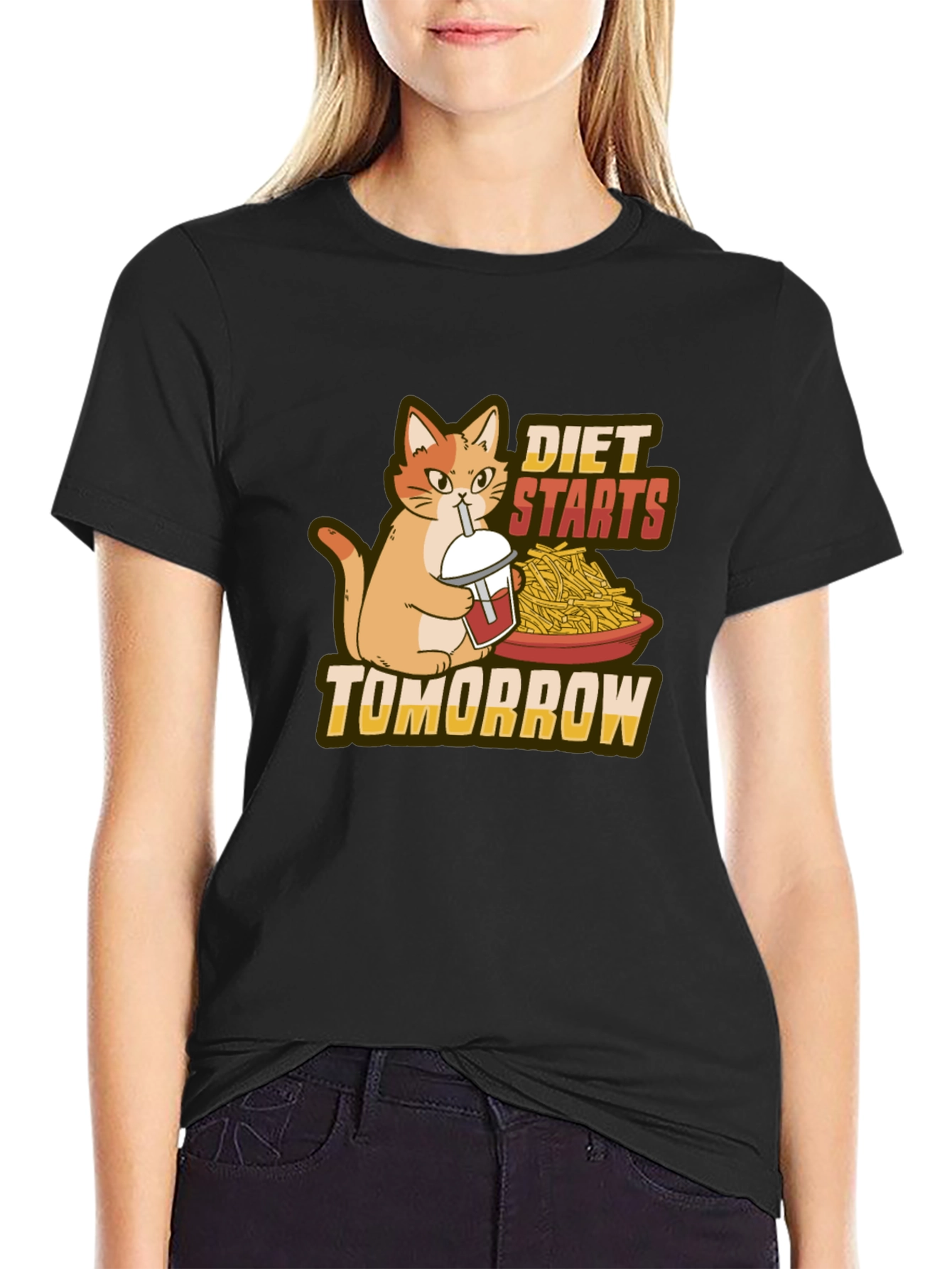 Black Diet Starts Tomorrow Funny Cat T-Shirt view 2
