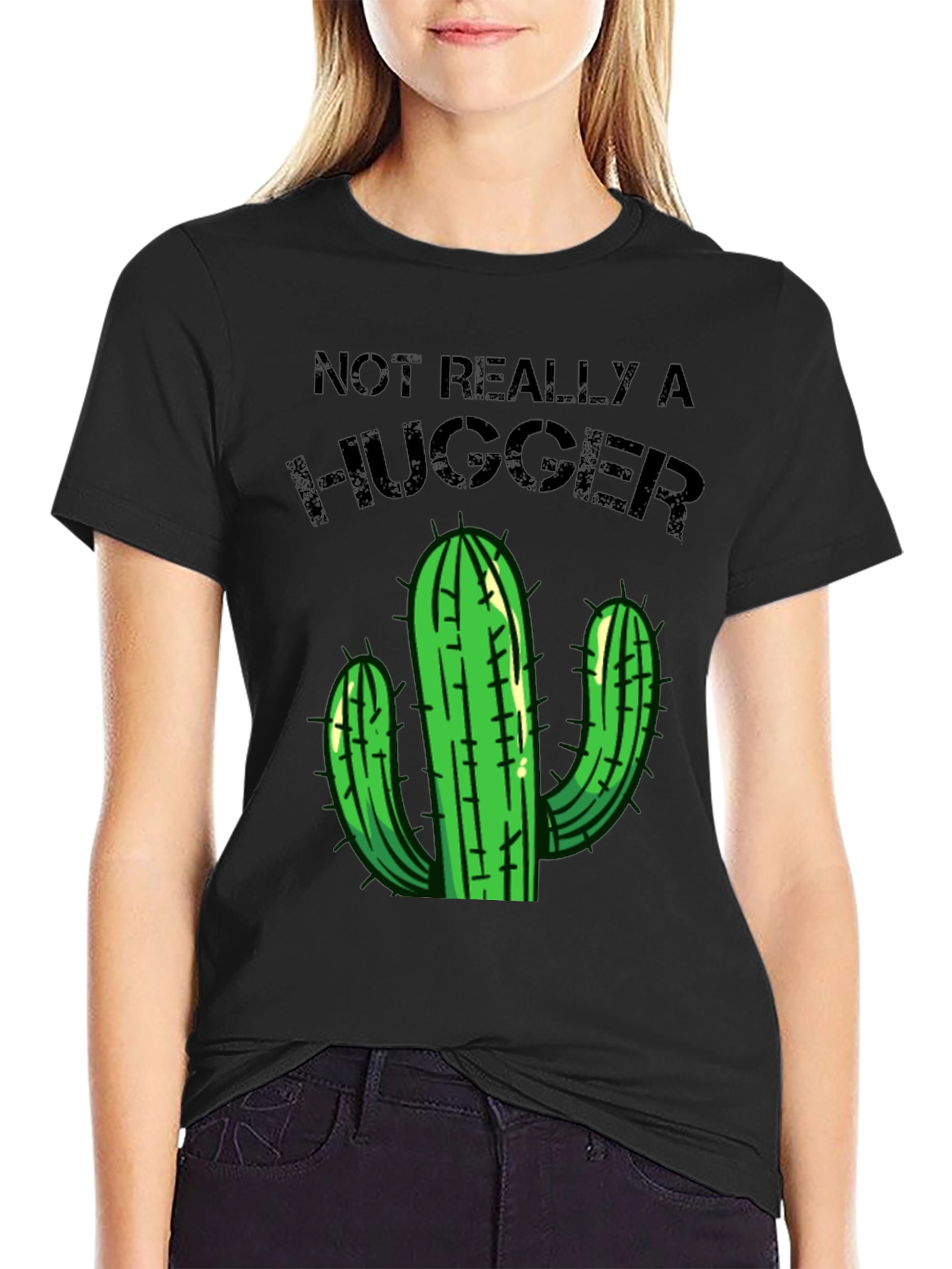 Black Not Really a Hugger T-Shirt Cactus Graphic Tee view 2