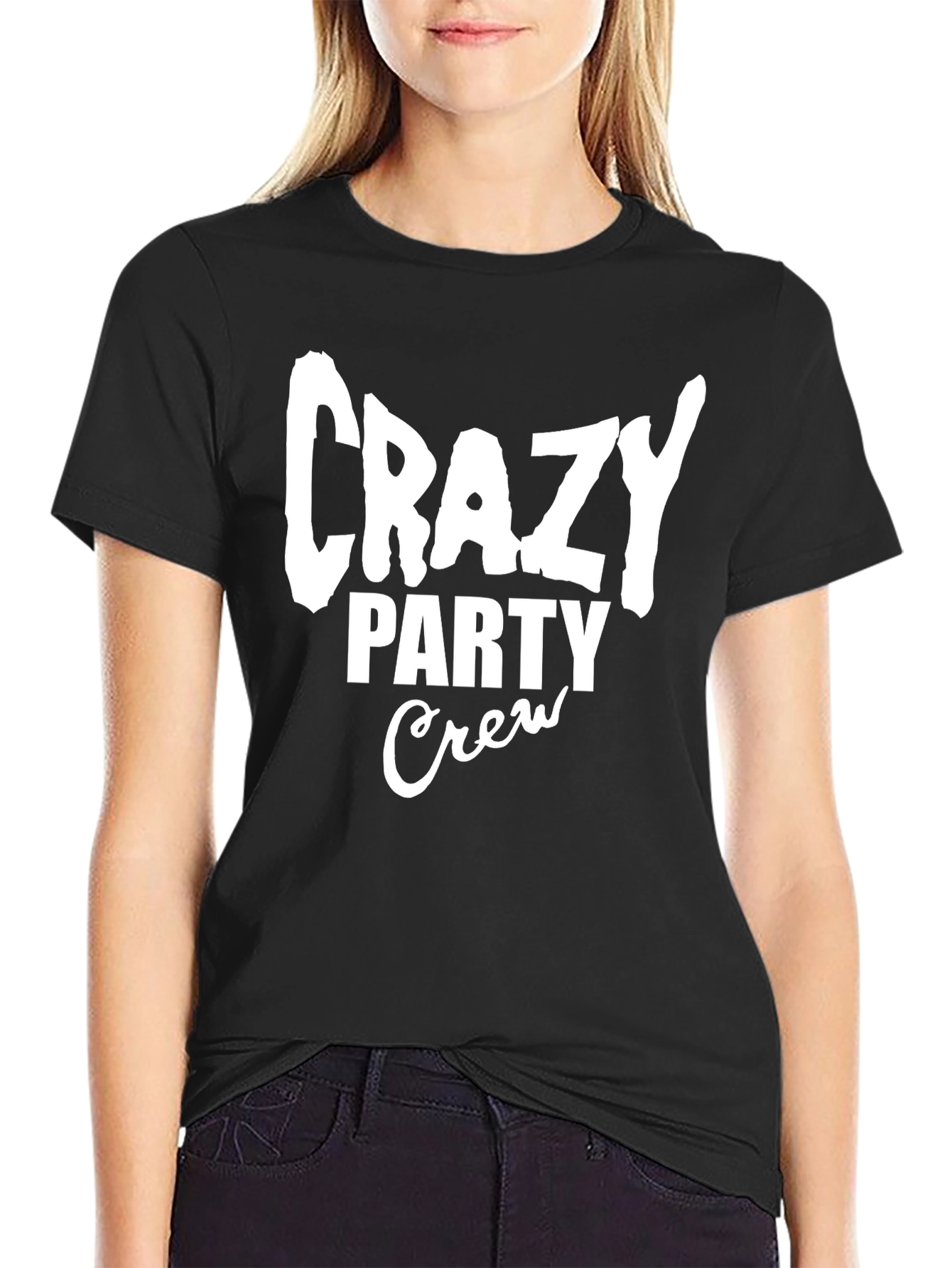 Black Crazy Party Crew Graphic Tee - Black Cotton T-Shirt view 2