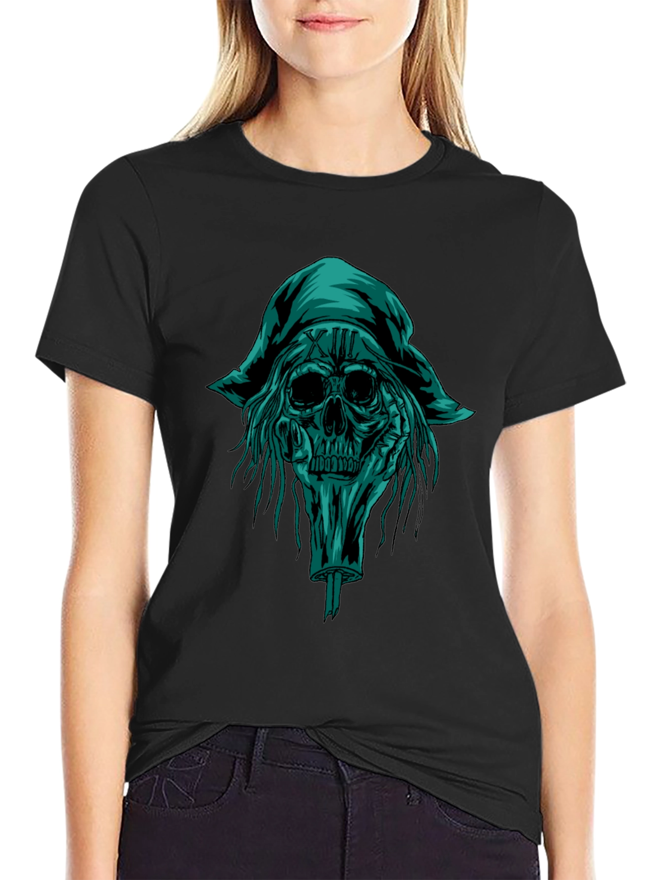 Black Skull Pirate Graphic Tee - Black Cotton T-Shirt view 2