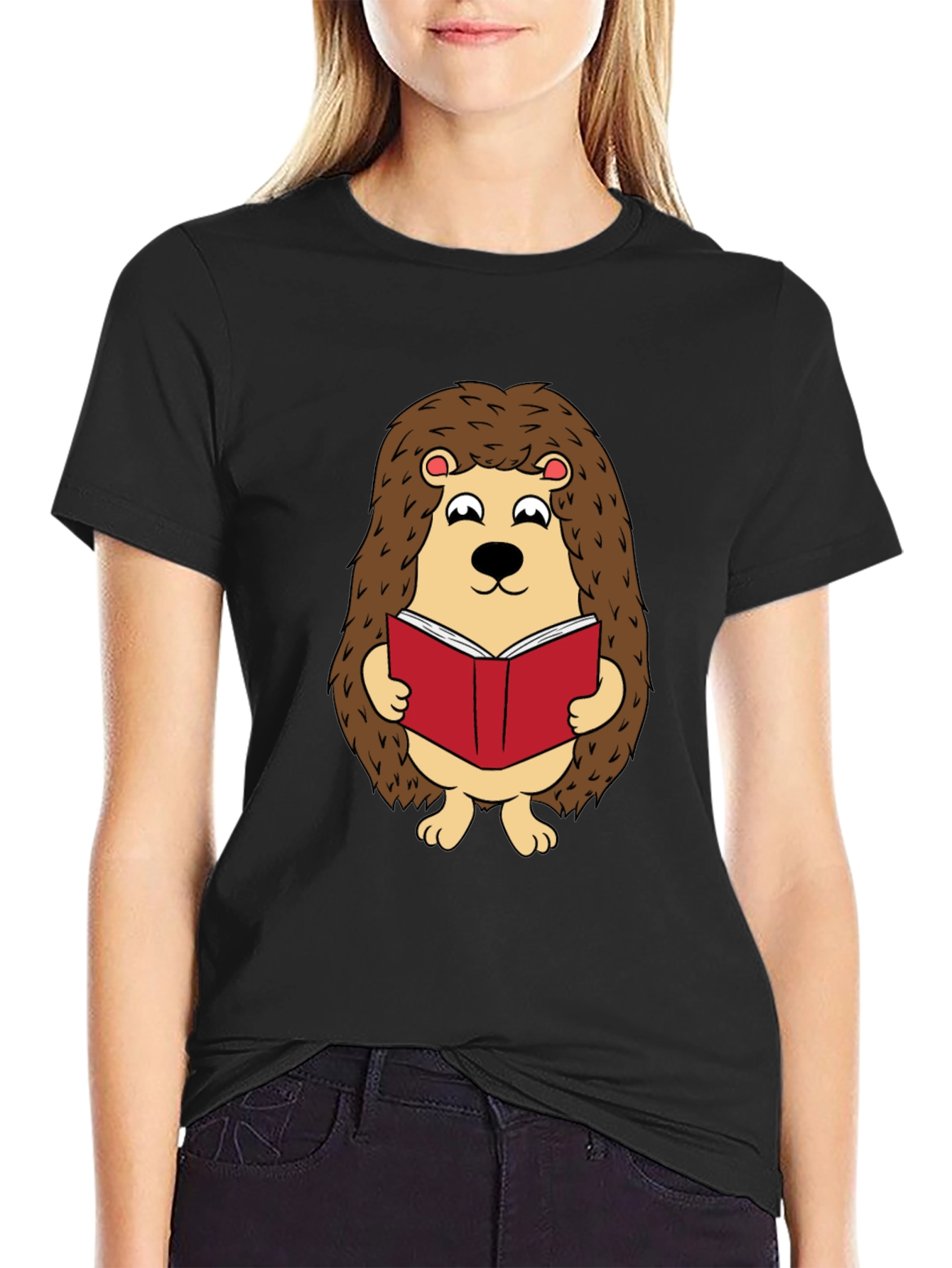 Black Cute Hedgehog Reading Book Graphic T-Shirt view 2