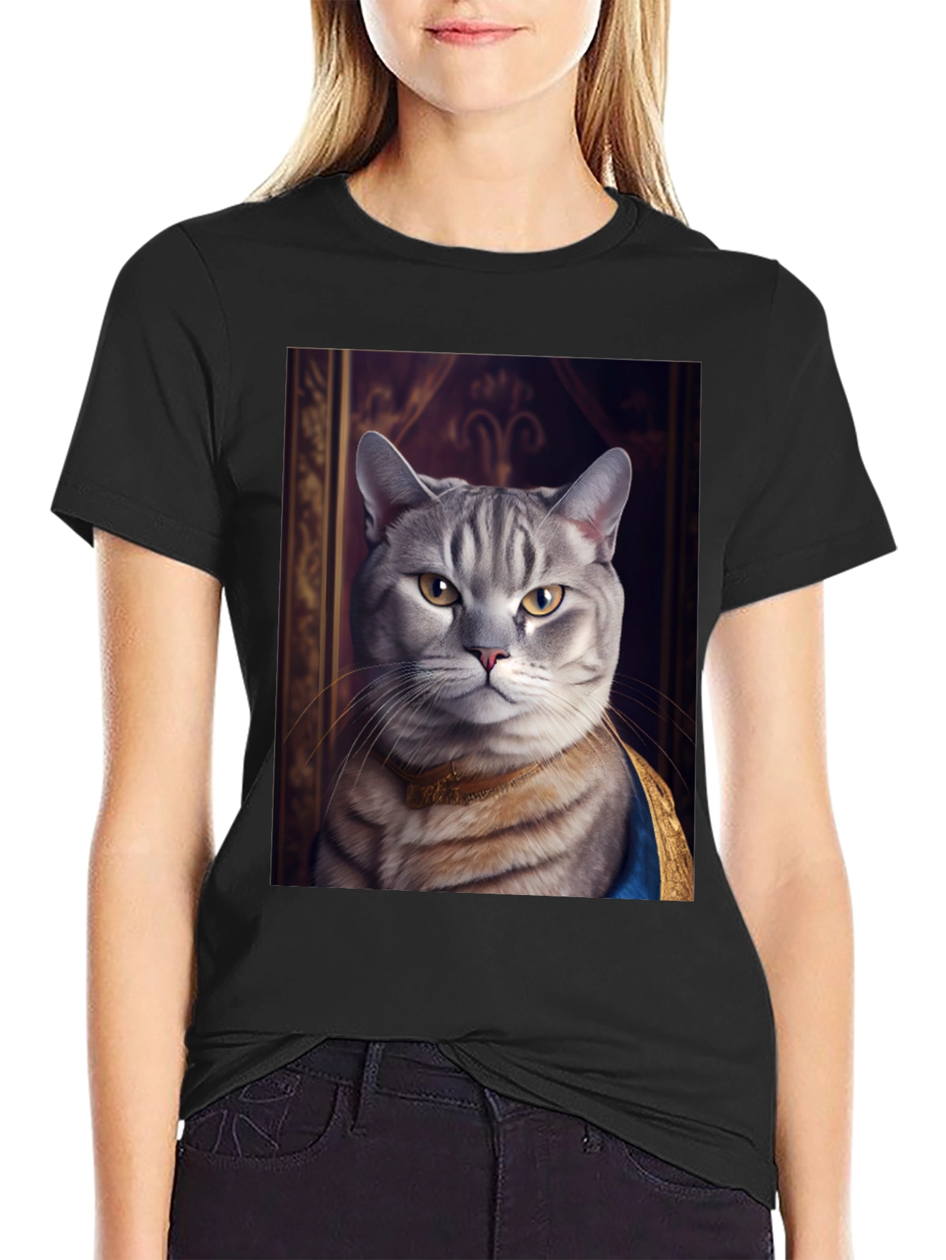 Black Regal Cat Portrait T-Shirt - Funny Pet Tee view 2