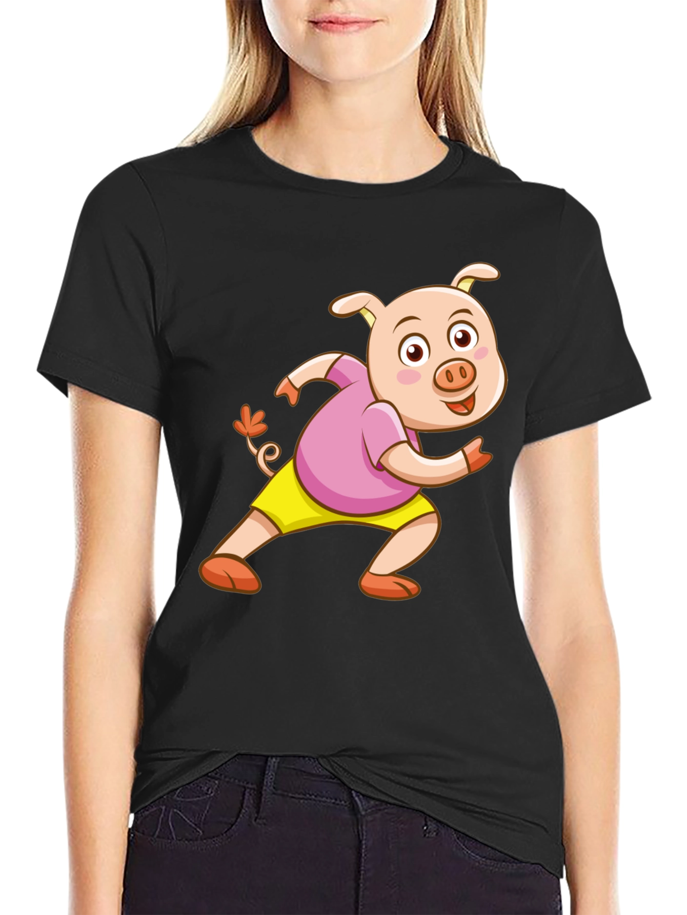 Black Cartoon Pig Black T-Shirt view 2
