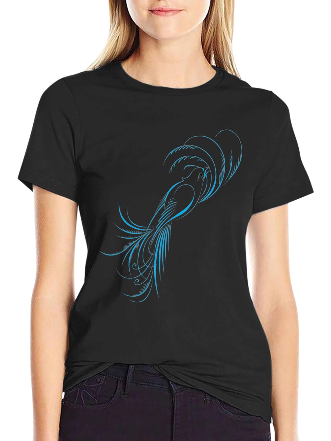 Black Stylish Black T-Shirt with Blue Bird Design view 2