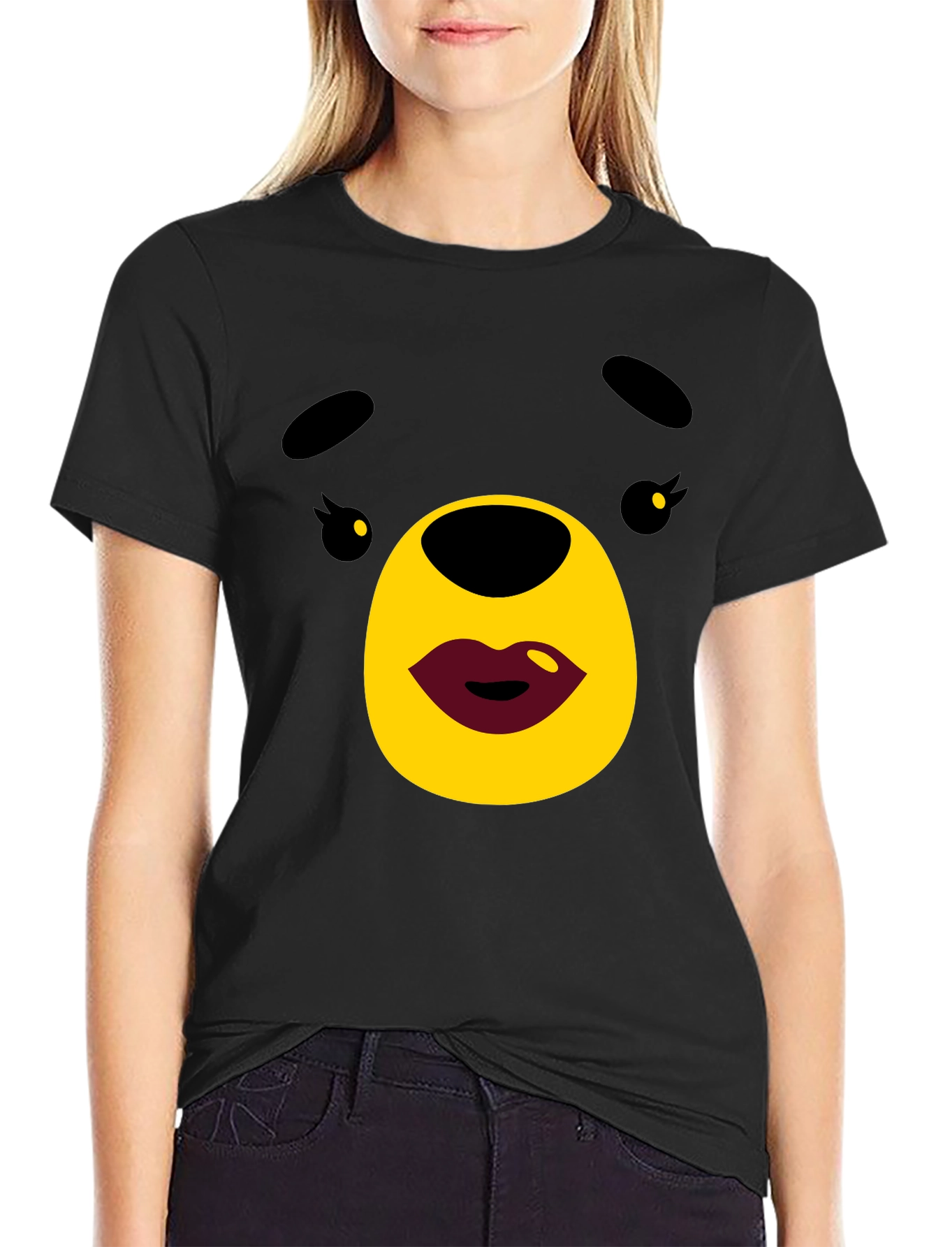 Black Cute Cartoon Bear Graphic Black T-Shirt view 2