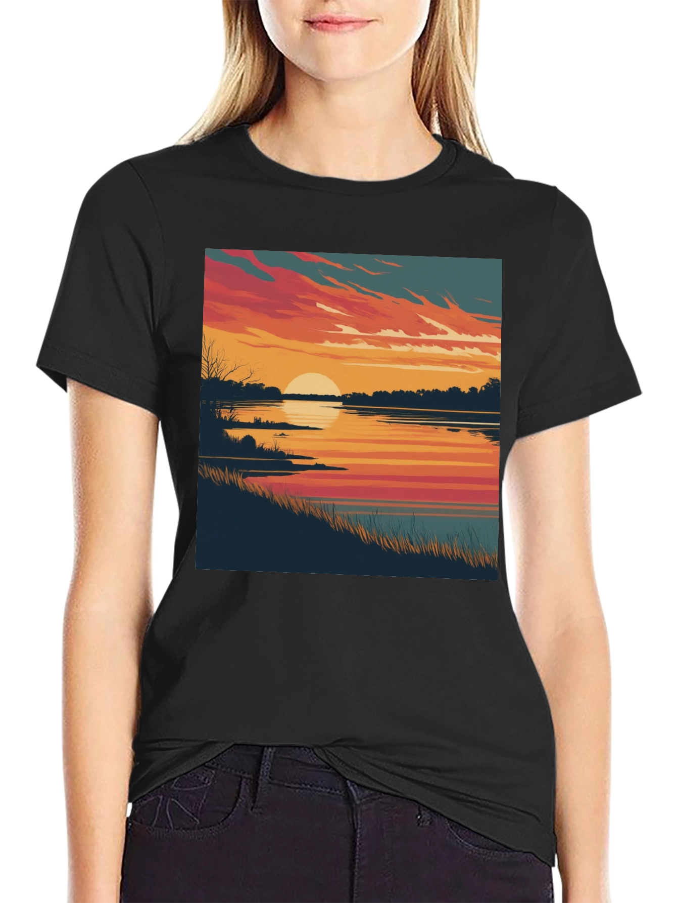 Black Sunset Lake Graphic Tee - Black Cotton Blend Comfort view 2