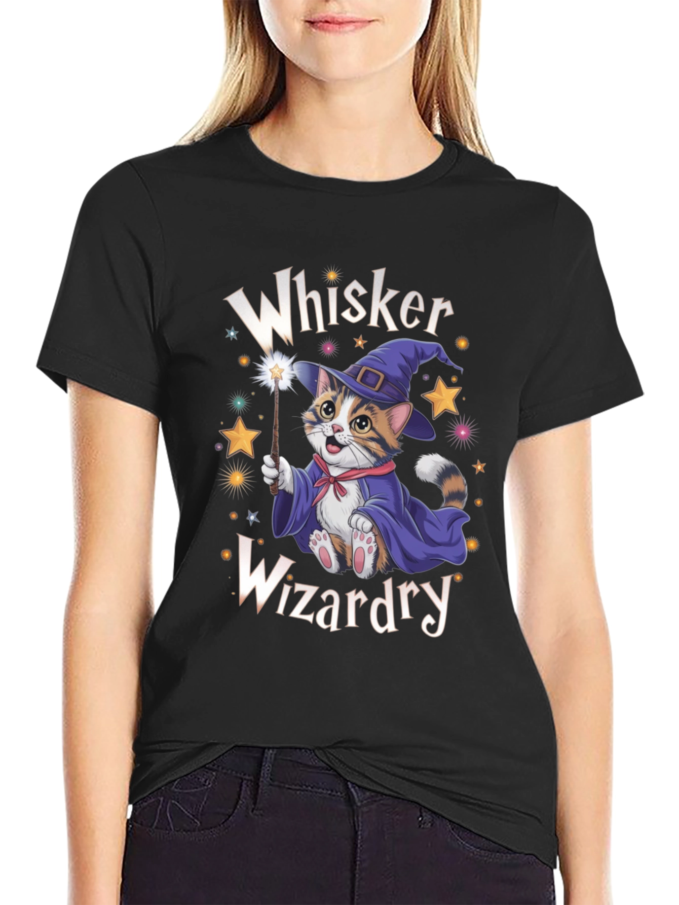 Black Whiskers Wizardry Cat T-Shirt view 2