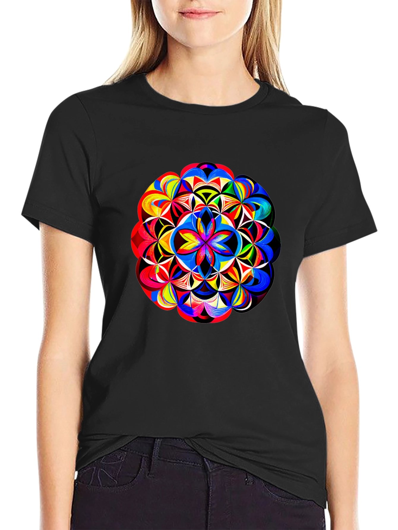 Black Vibrant Geometric Mandala Print Black T-Shirt view 2