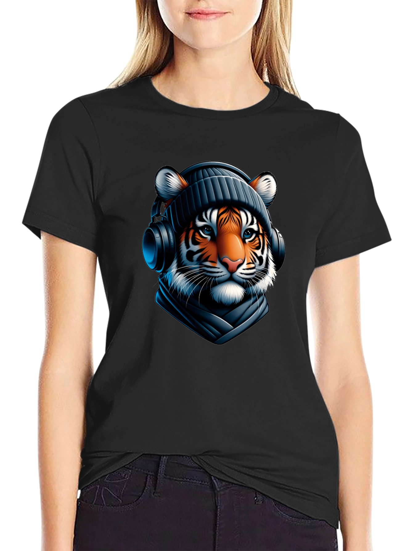 Black Tiger with Headphones Graphic Tee view 2