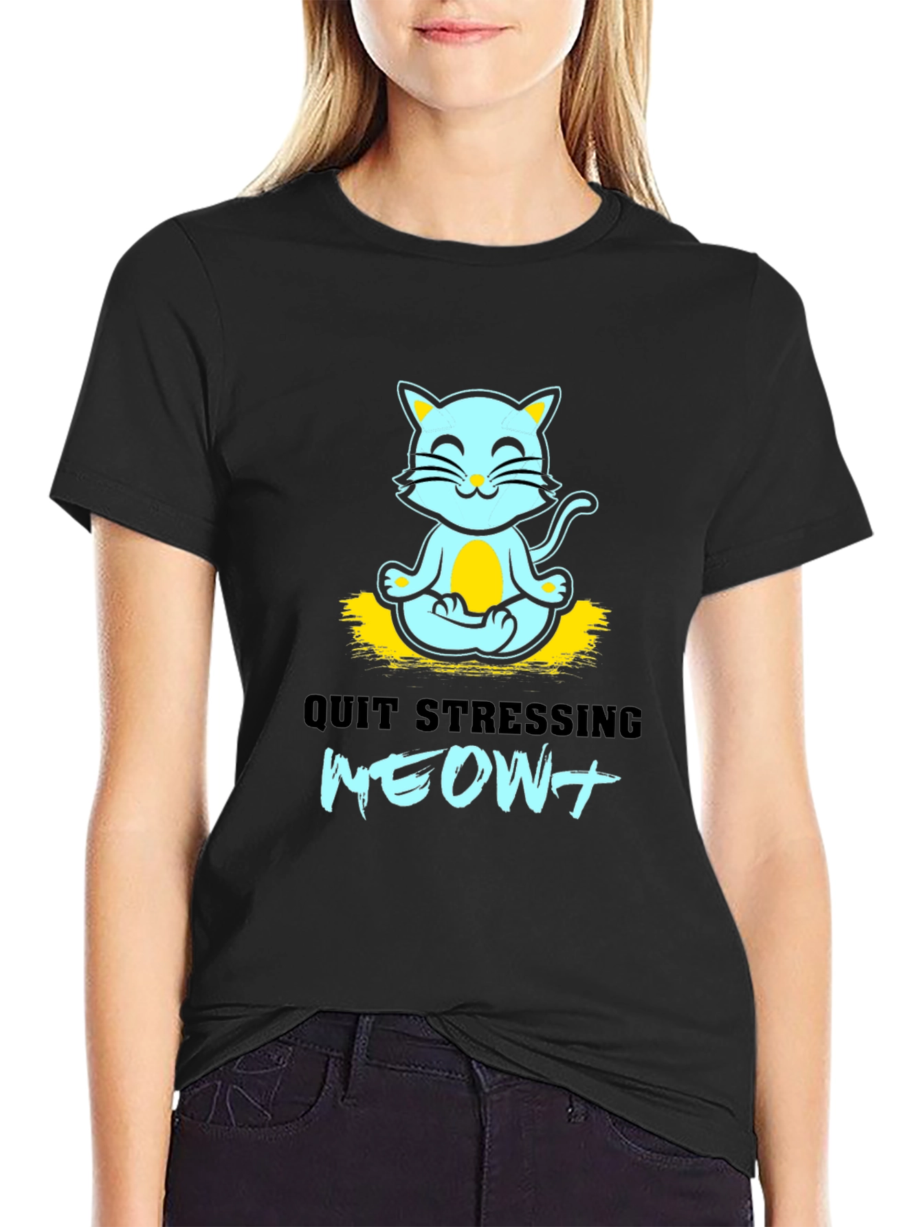 Black Meditating Cat Graphic Tee - Quit Stressing Meow! view 2