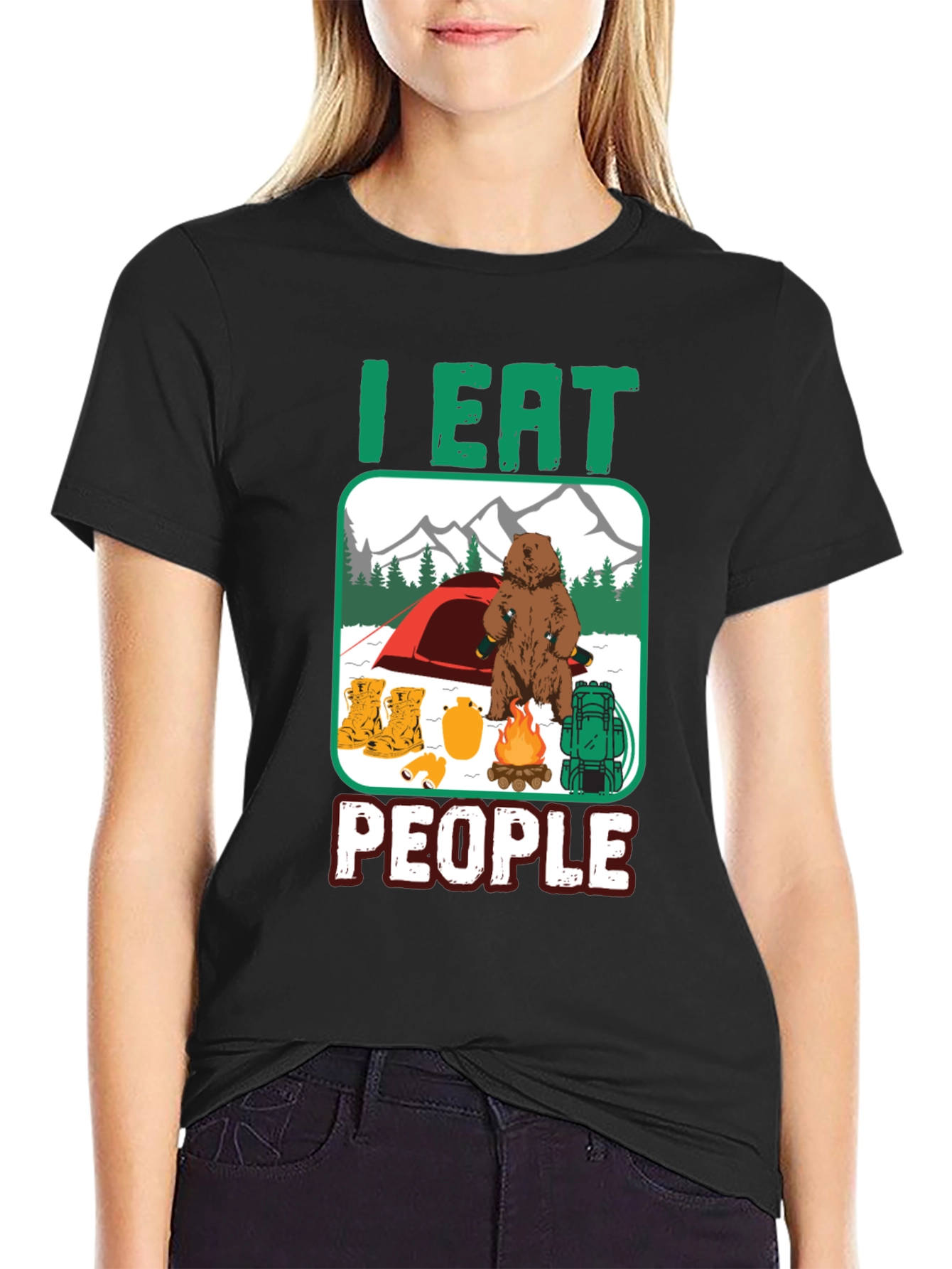 Black I Eat People Bear Camping T-Shirt view 2