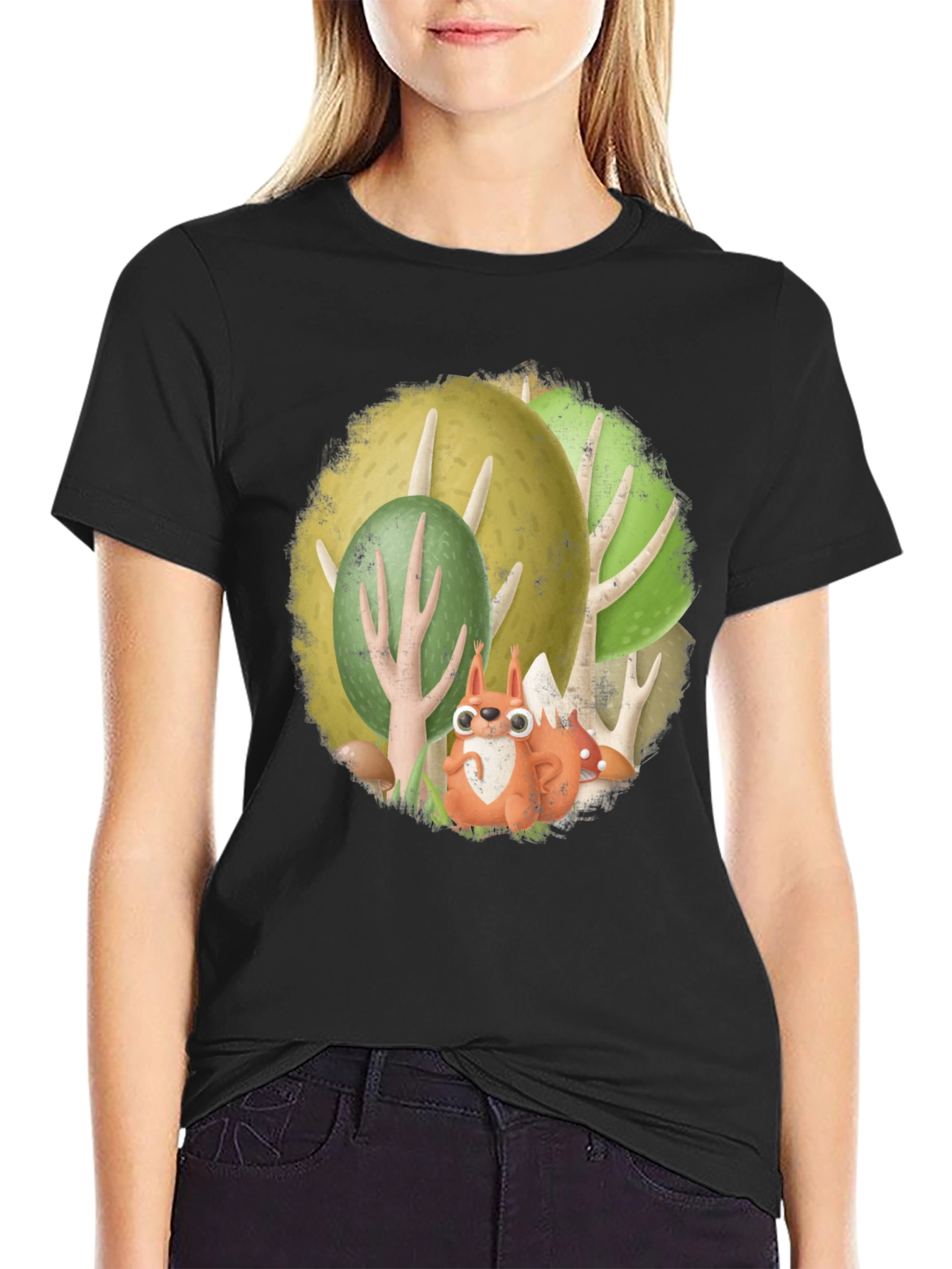 Black Whimsical Squirrel Forest Graphic Tee view 2