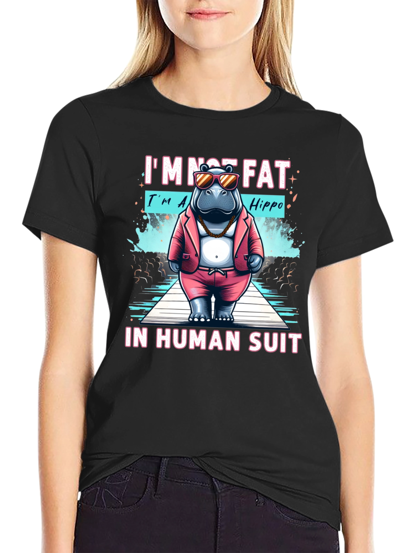 Black Funny Hippo in Human Suit Graphic Tee view 2