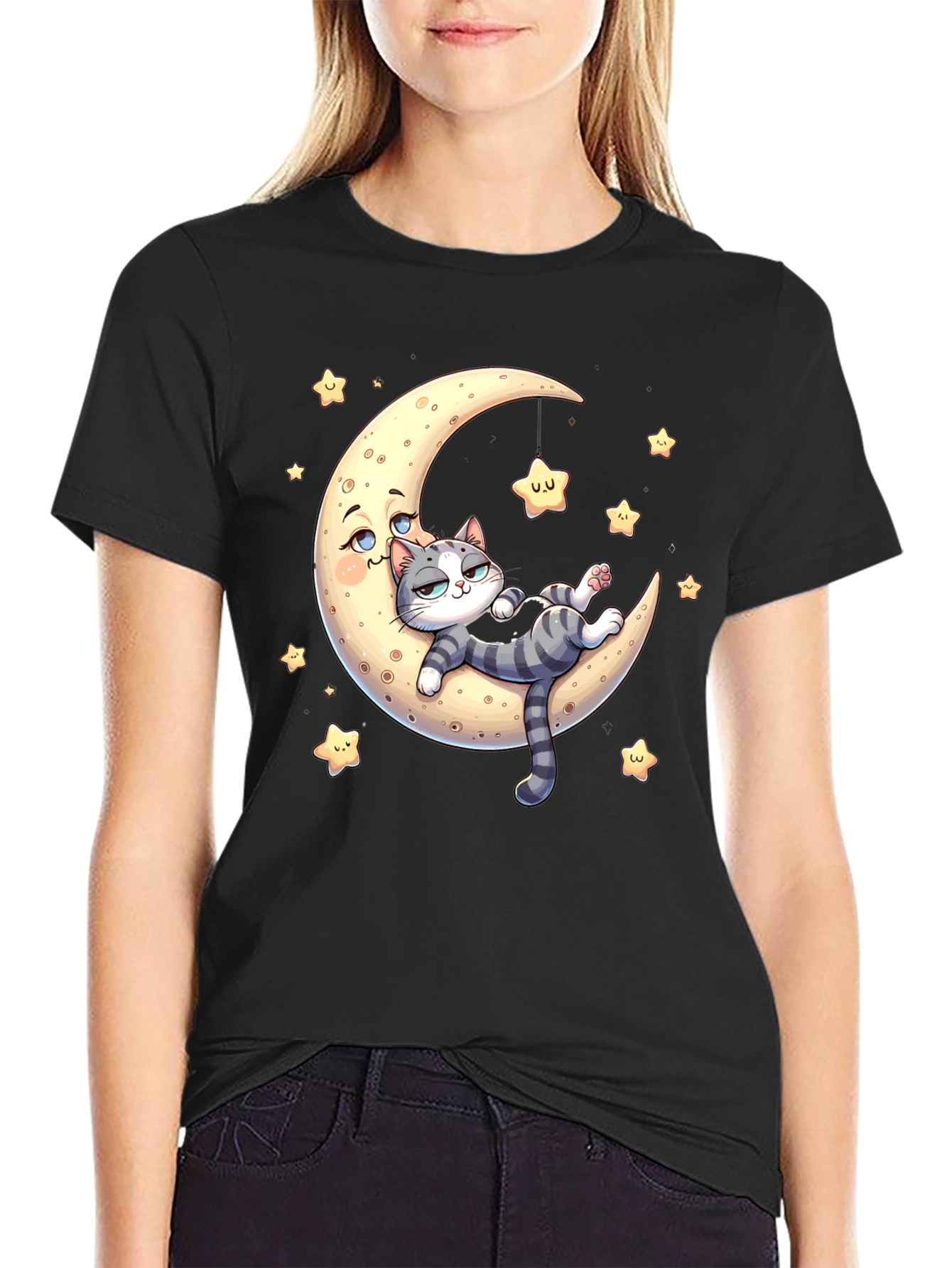 Black Cute Cat Moon Graphic T-Shirt view 2