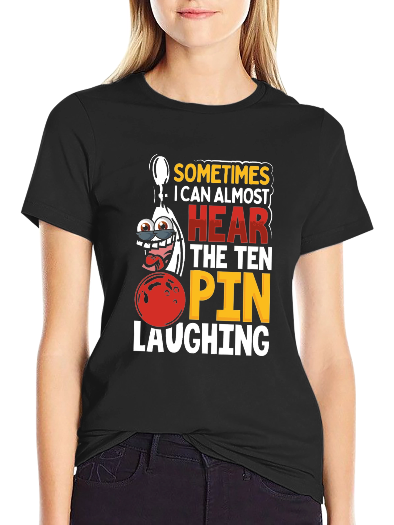 Black Funny Bowling T-Shirt: Ten Pin Laughing Graphic Tee view 2