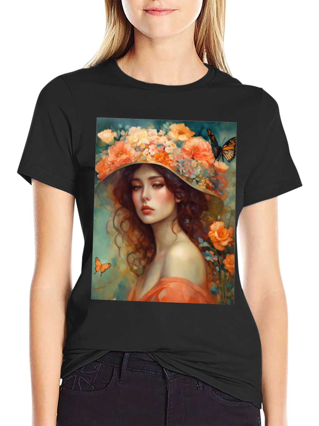Black Floral Woman T-Shirt view 2