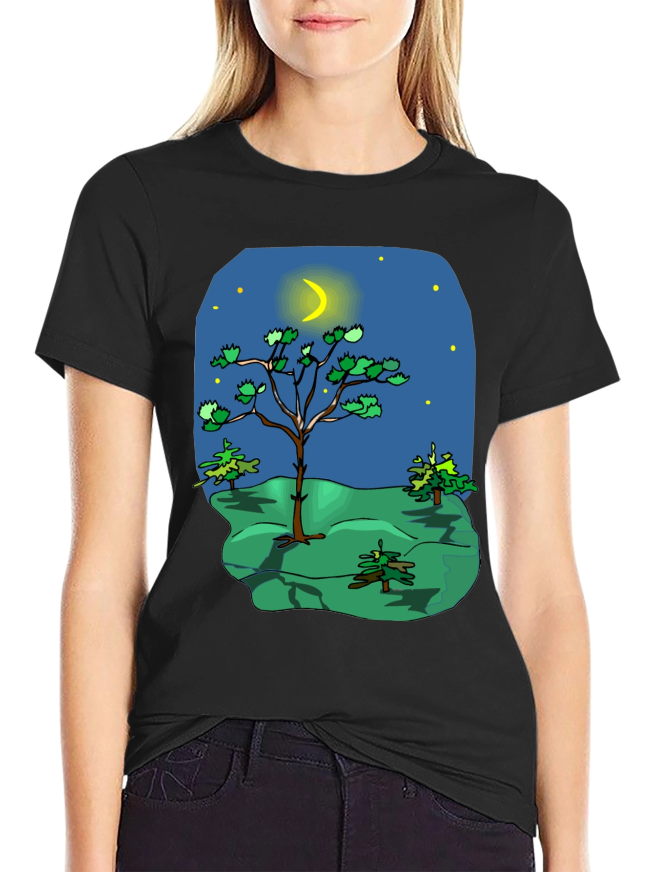 Black Cartoon Nature Scene Black T-Shirt view 2