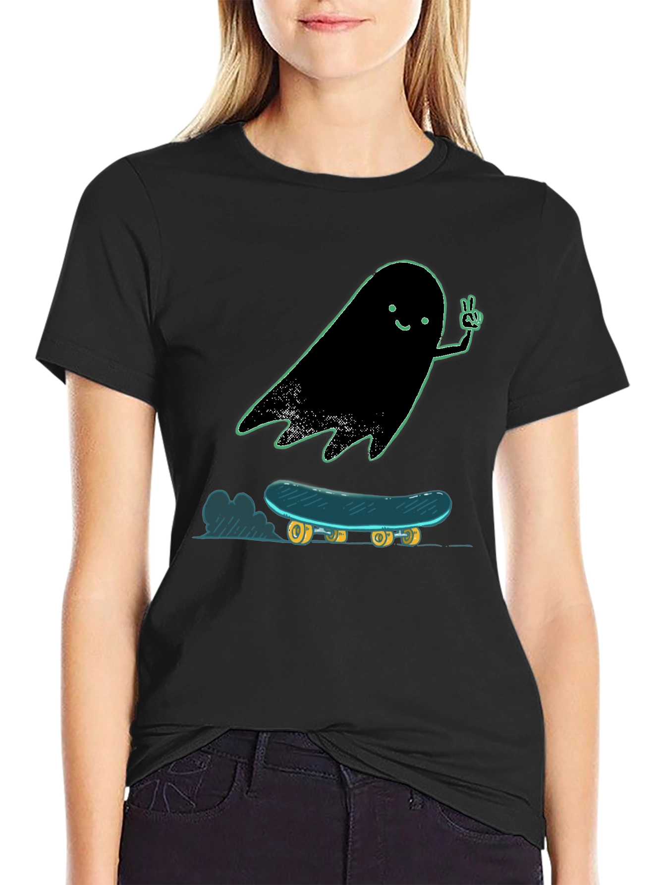Black Ghost Skateboard Tee - Cool Graphic Print Shirt view 2