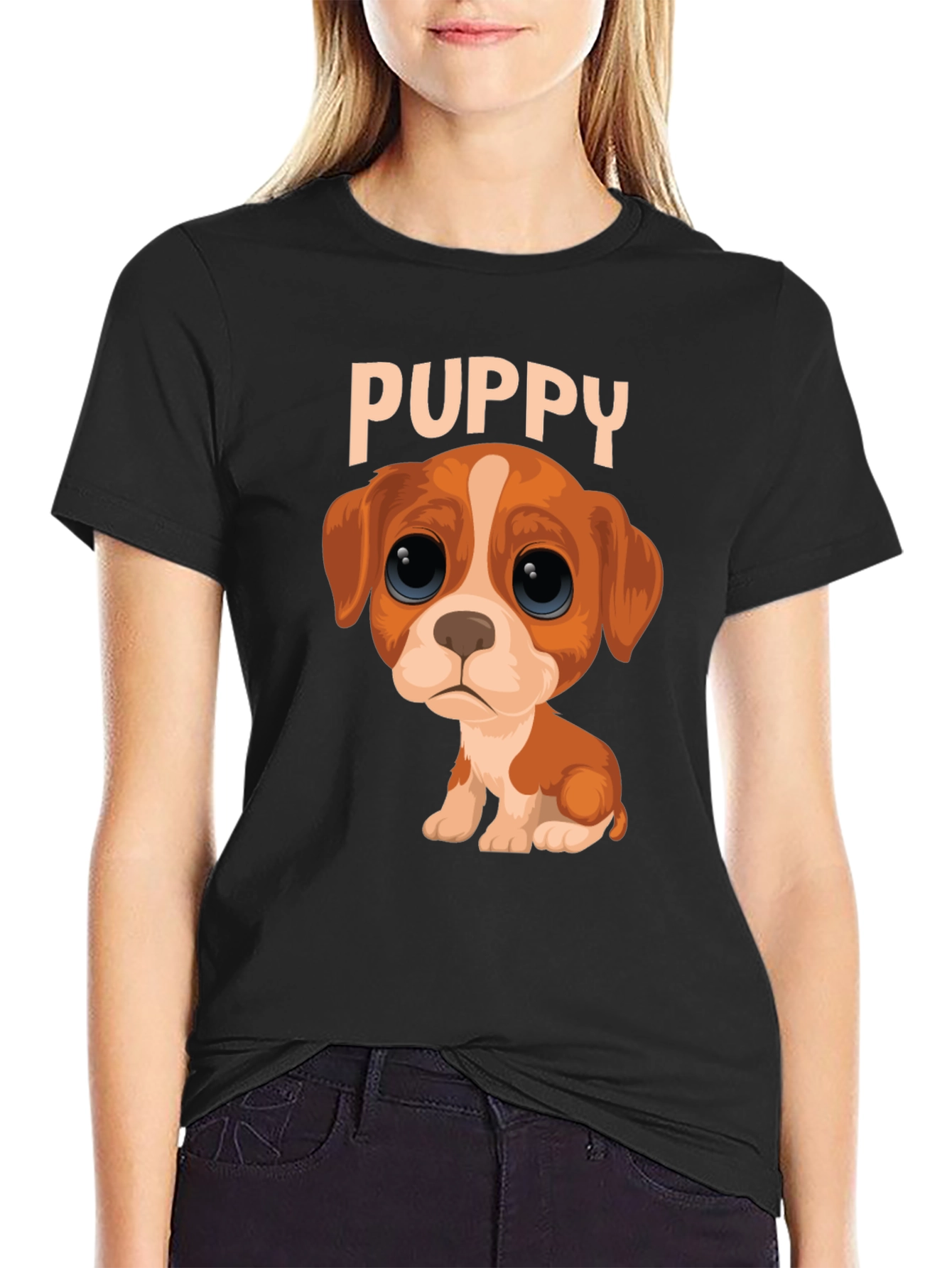 Black Cute Puppy Graphic Black T-Shirt view 2