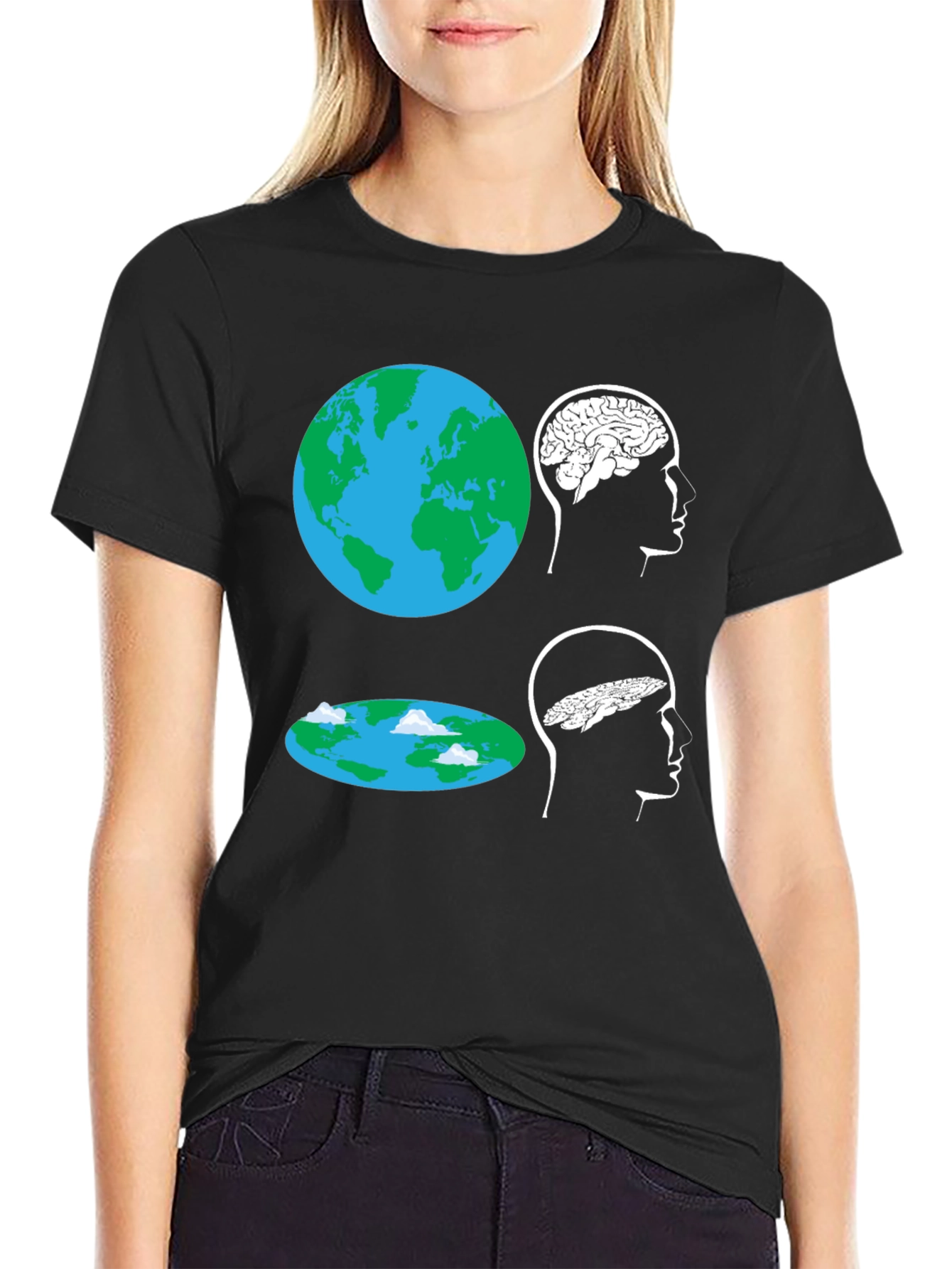 Black Flat Earth Brain Tee: Round vs. Flat Mindset T-Shirt view 2