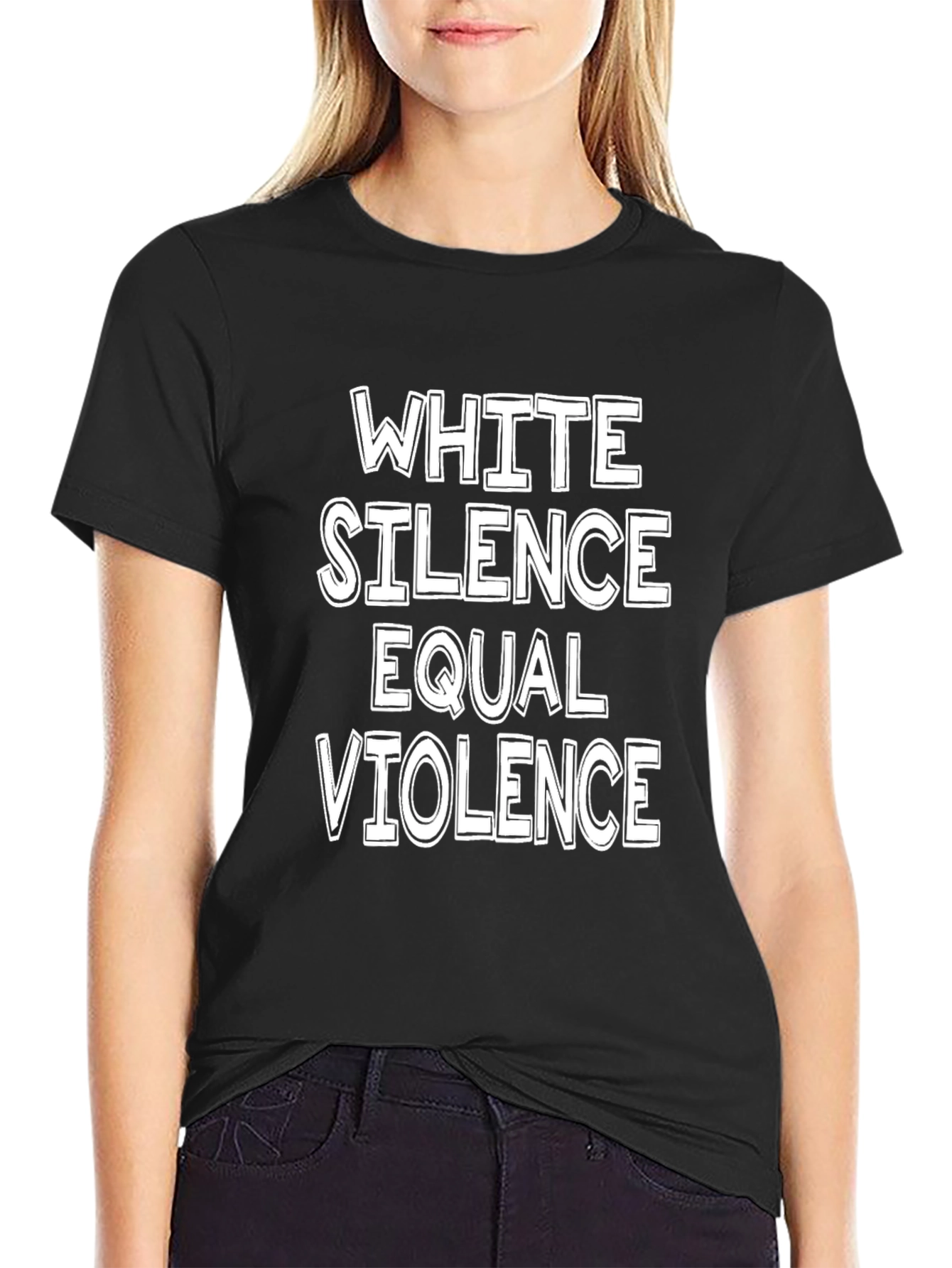 Black White Silence Equals Violence Graphic Tee view 2