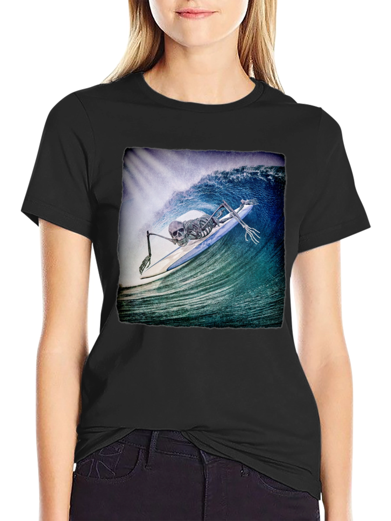 Black Skeleton Surfer T-Shirt - Black Crew Neck Tee view 2