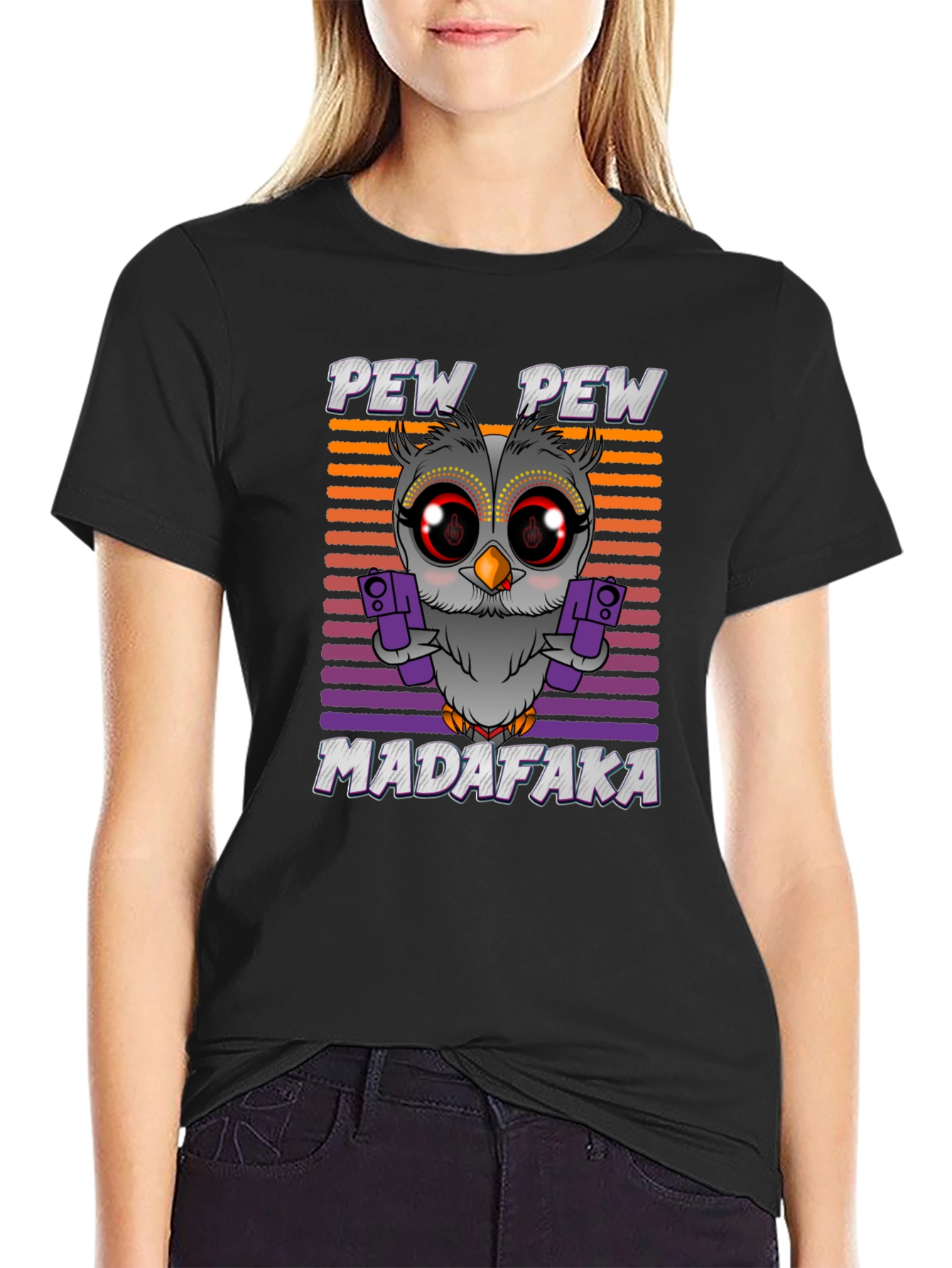 Black Pew Pew Madafaka Owl Graphic T-Shirt view 2