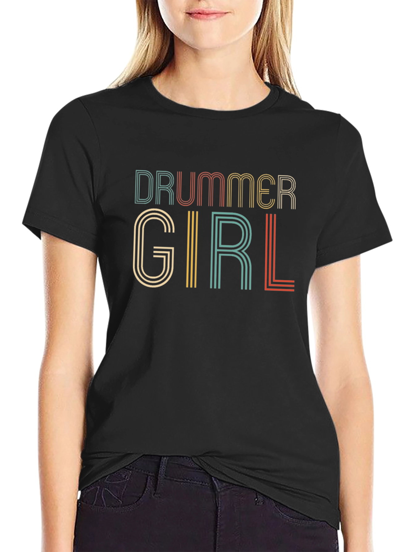 Black Drummer Girl Retro Style Black T-Shirt view 2