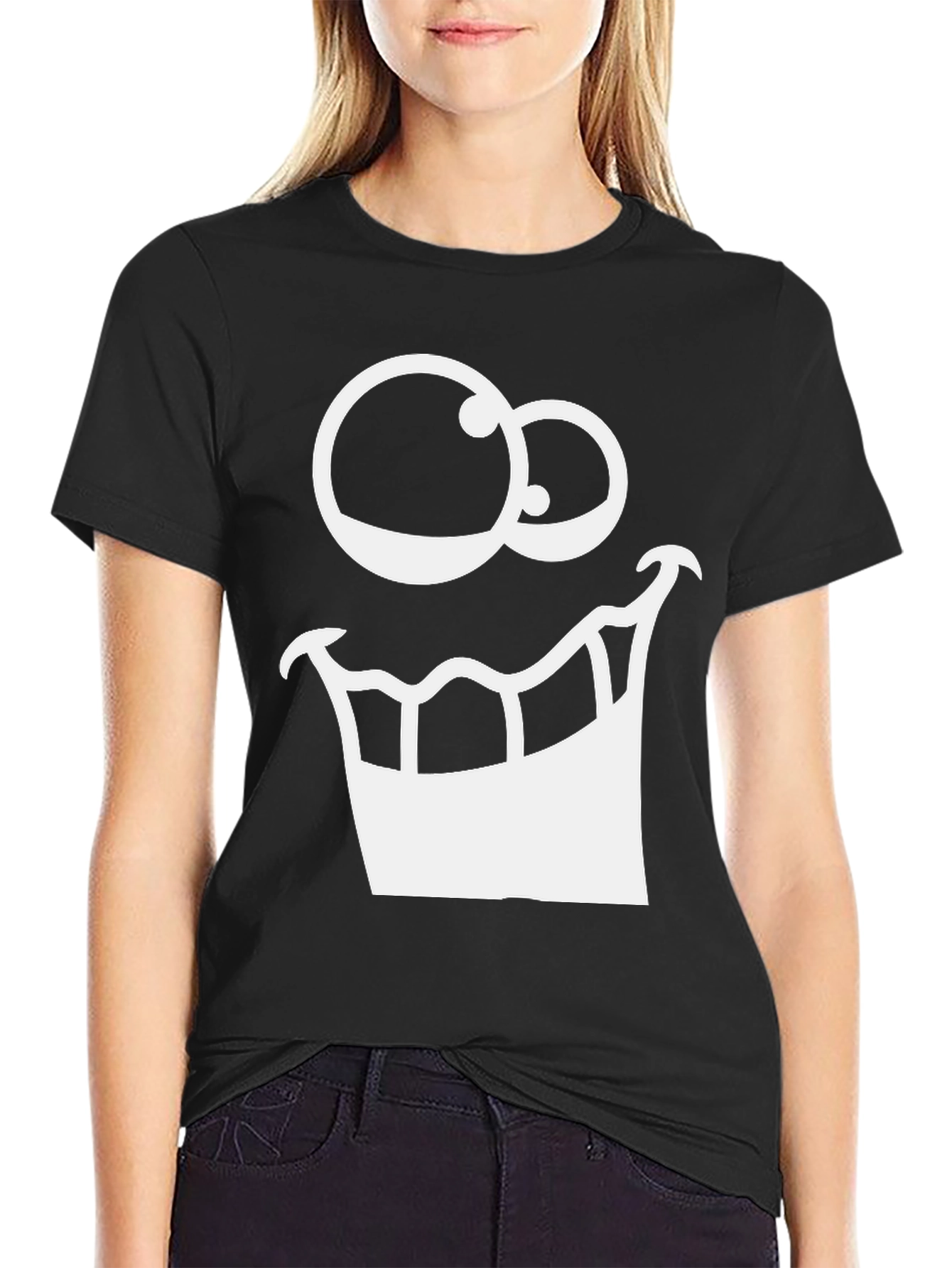 Black Cartoon Face Graphic Tee - Black Cotton T-Shirt view 2