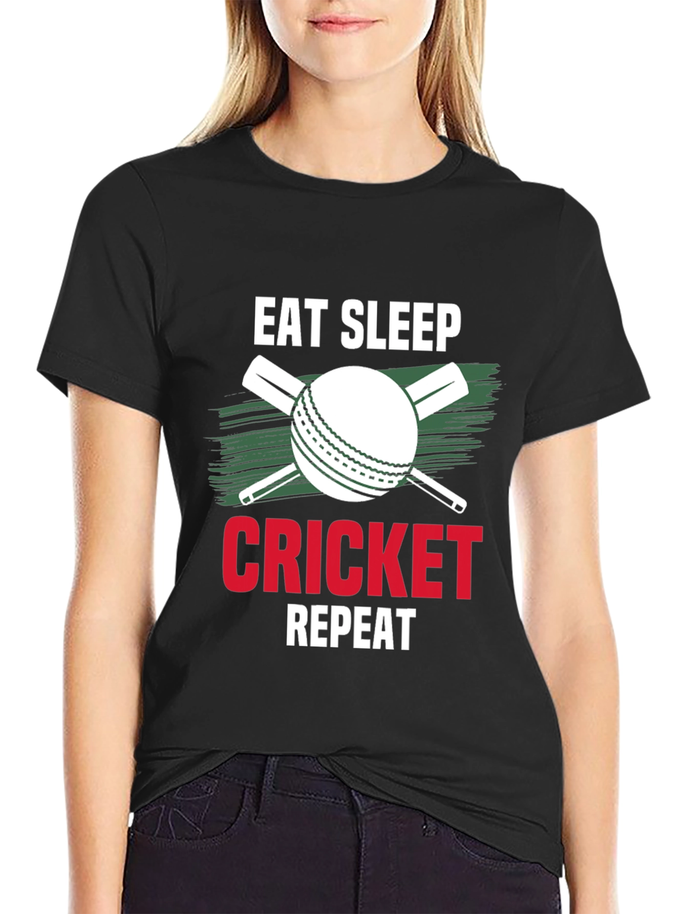 Black Eat Sleep Cricket Repeat Graphic Tee view 2