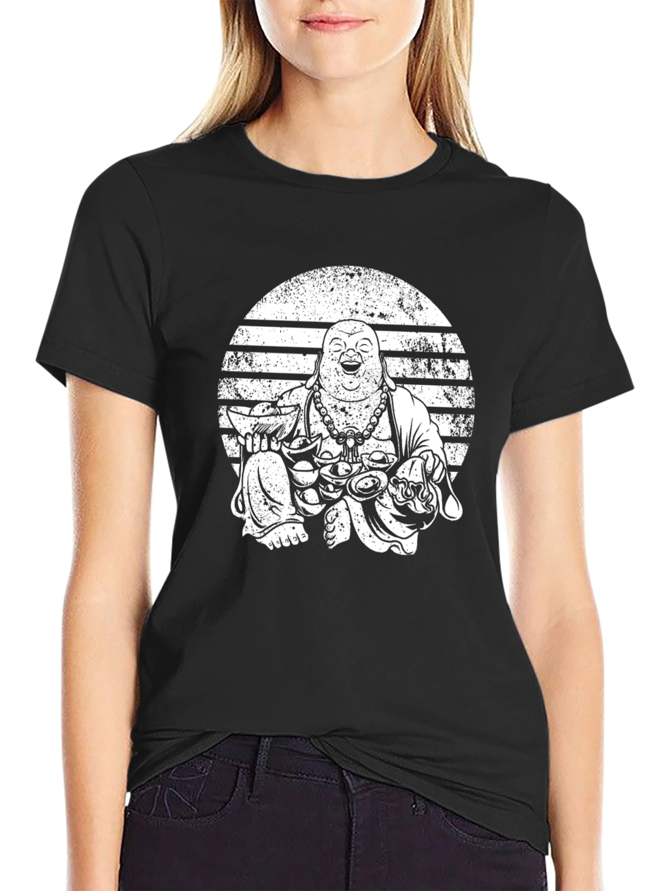 Black Laughing Buddha Graphic Black T-Shirt view 2