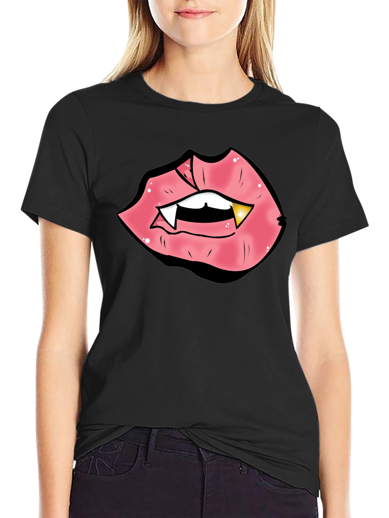 Black Vampire Lips Graphic Tee - Black Cotton Blend view 2