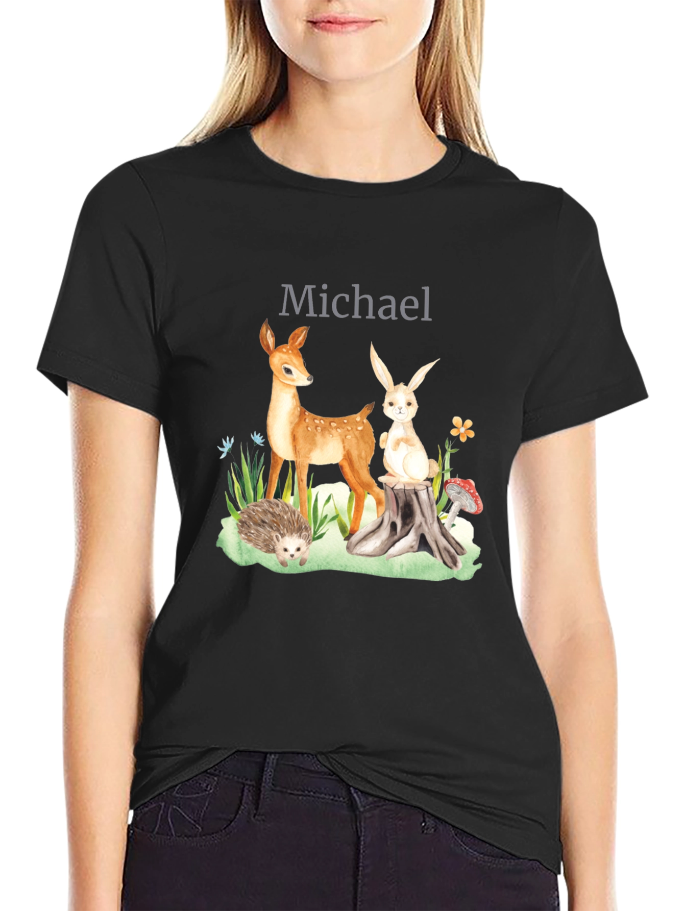 Black Personalized Woodland Animals T-Shirt view 2