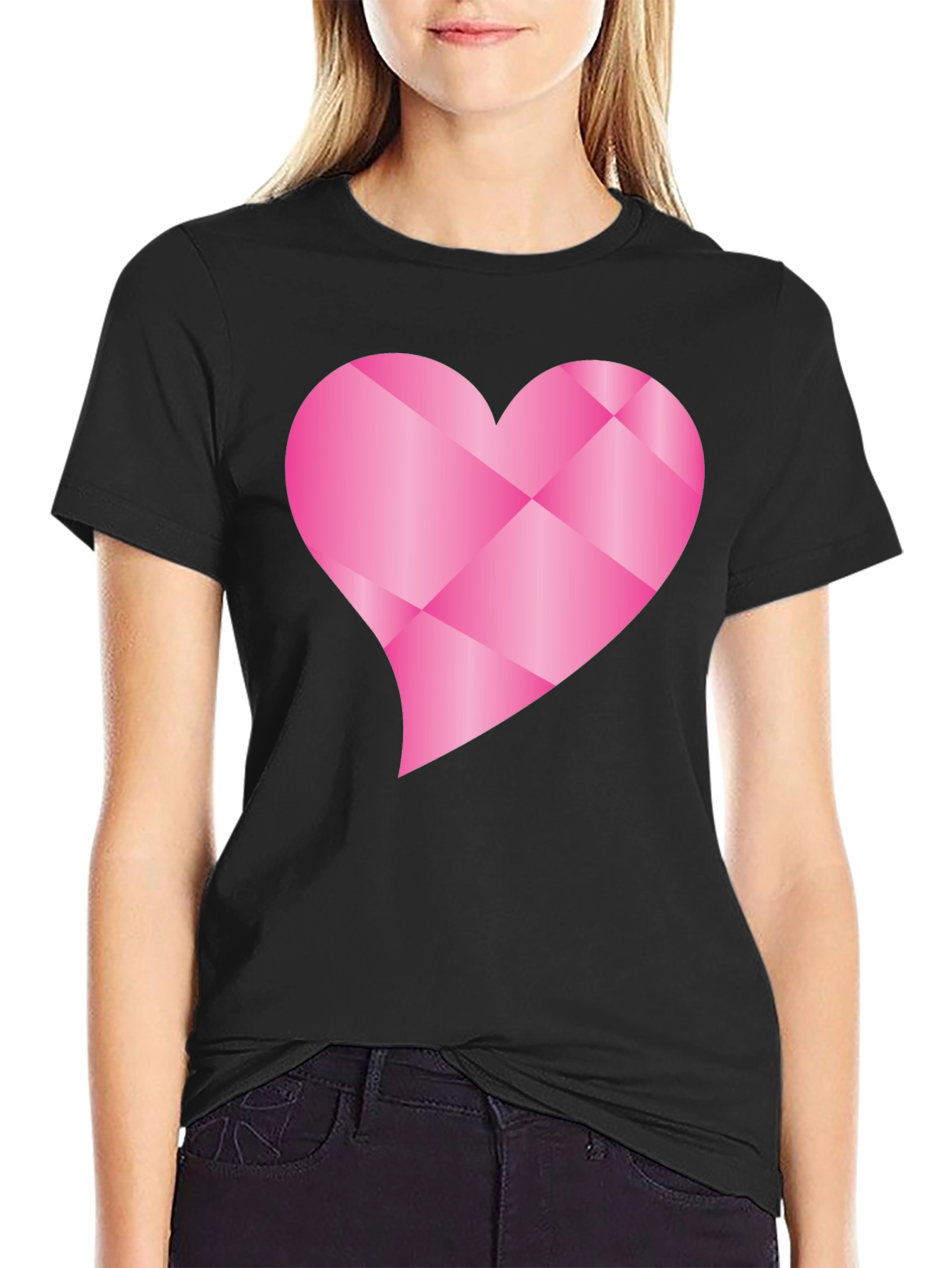 Black Geometric Pink Heart Graphic Black T-Shirt view 2