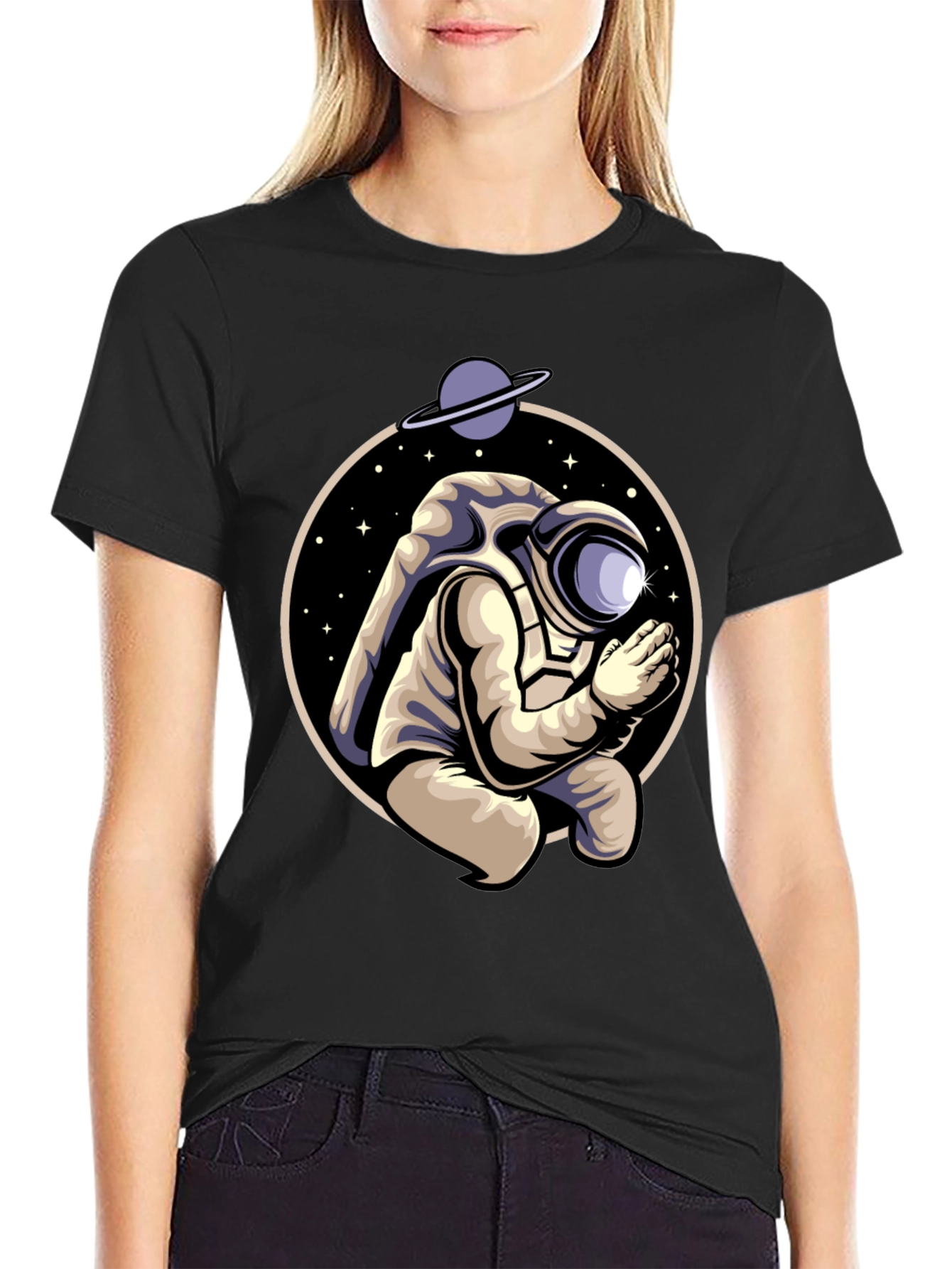 Black Praying Astronaut Graphic Tee - Unique Space Design view 2