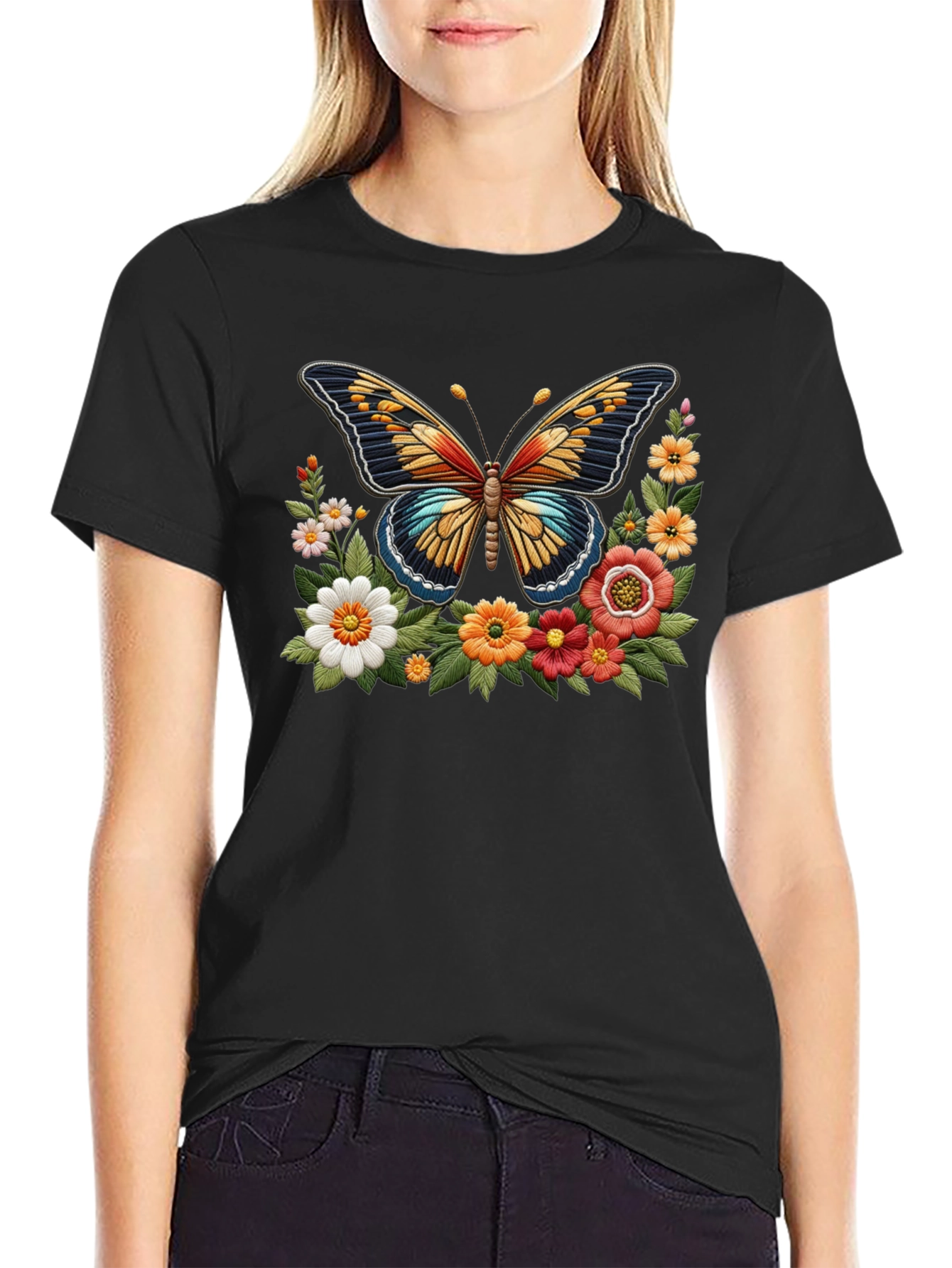Black Butterfly Floral Graphic Print Black T-Shirt view 2
